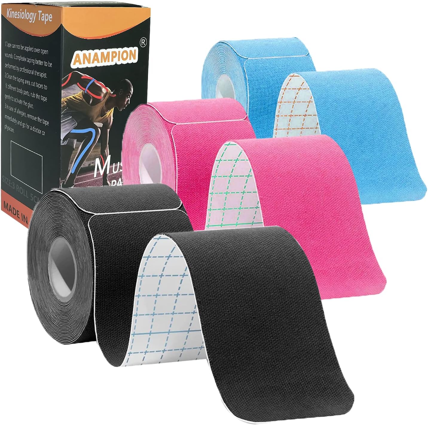 Kinesiology – Cinta deportiva deportiva profesional (3 rollos, 60 tiras precortadas), cinta transpirable sin látex para tobillo, muñecas, rodillas,