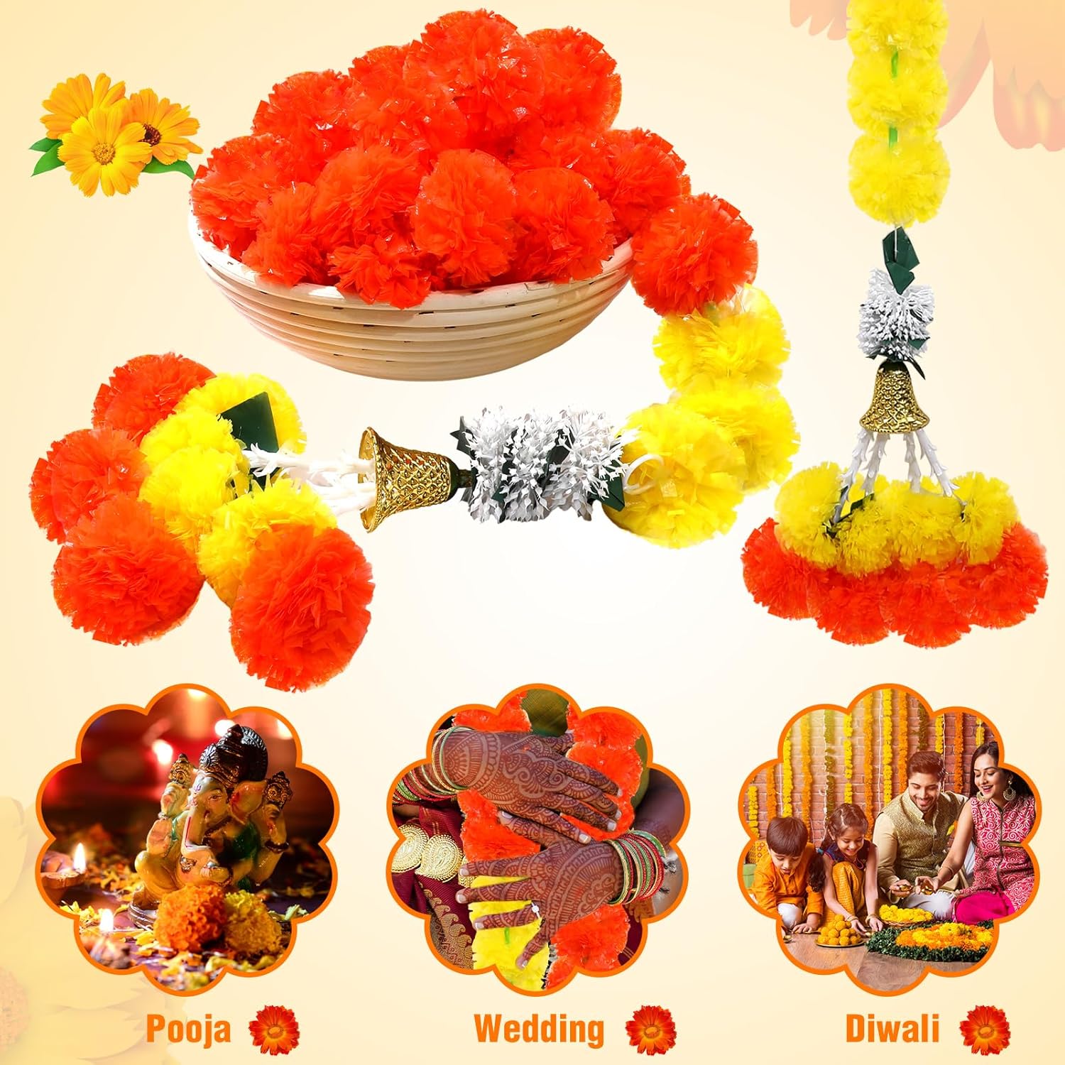 5 guirnaldas de caléndula para decoración de flores artificiales de caléndula de 5 pies de largo, decoración tradicional india, guirnaldas largas
