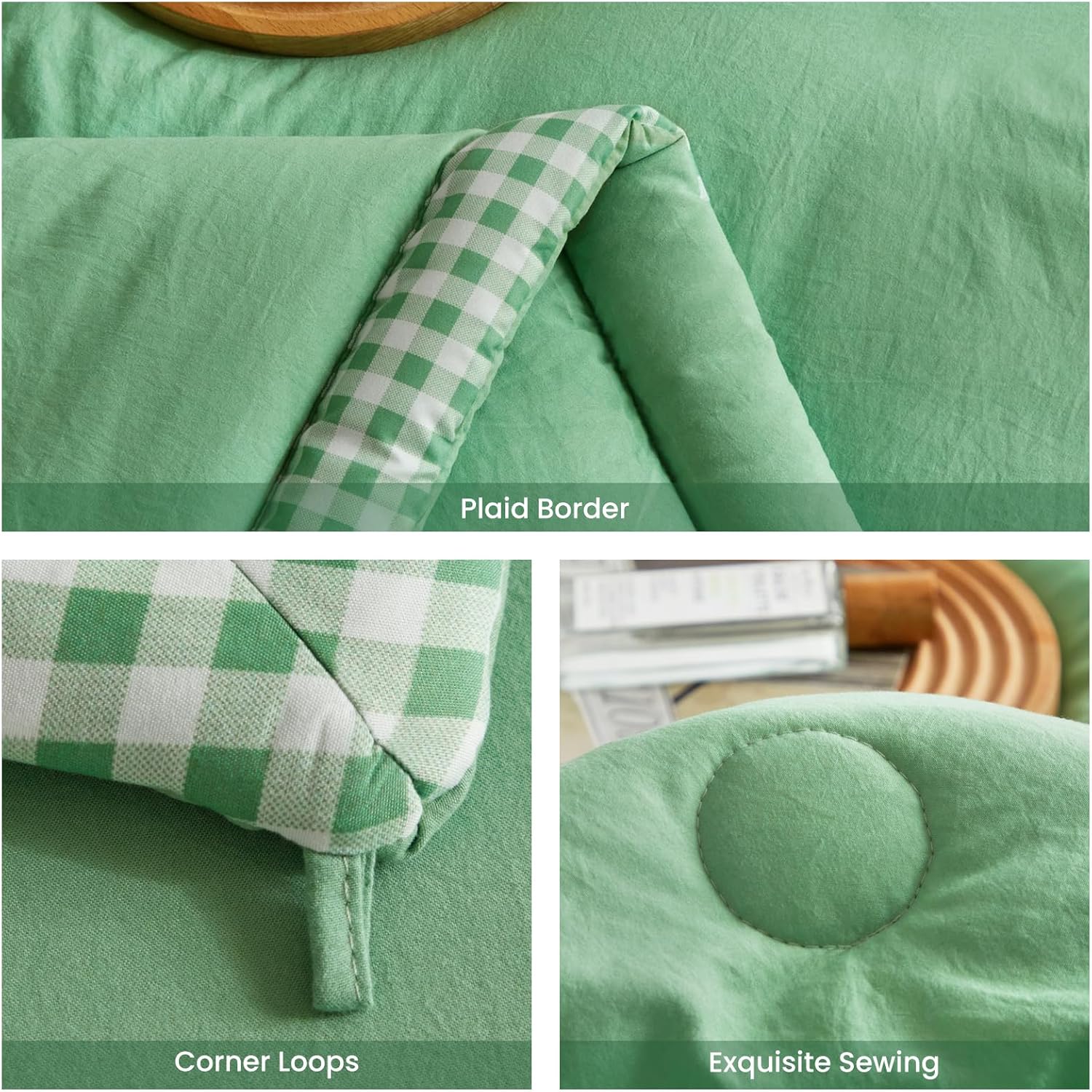 WARMDERN Juego de edredón a cuadros de búfalo tamaño Queen, edredón verde para cama tamaño Queen, edredón ligero y suave de 7 piezas con fundas de