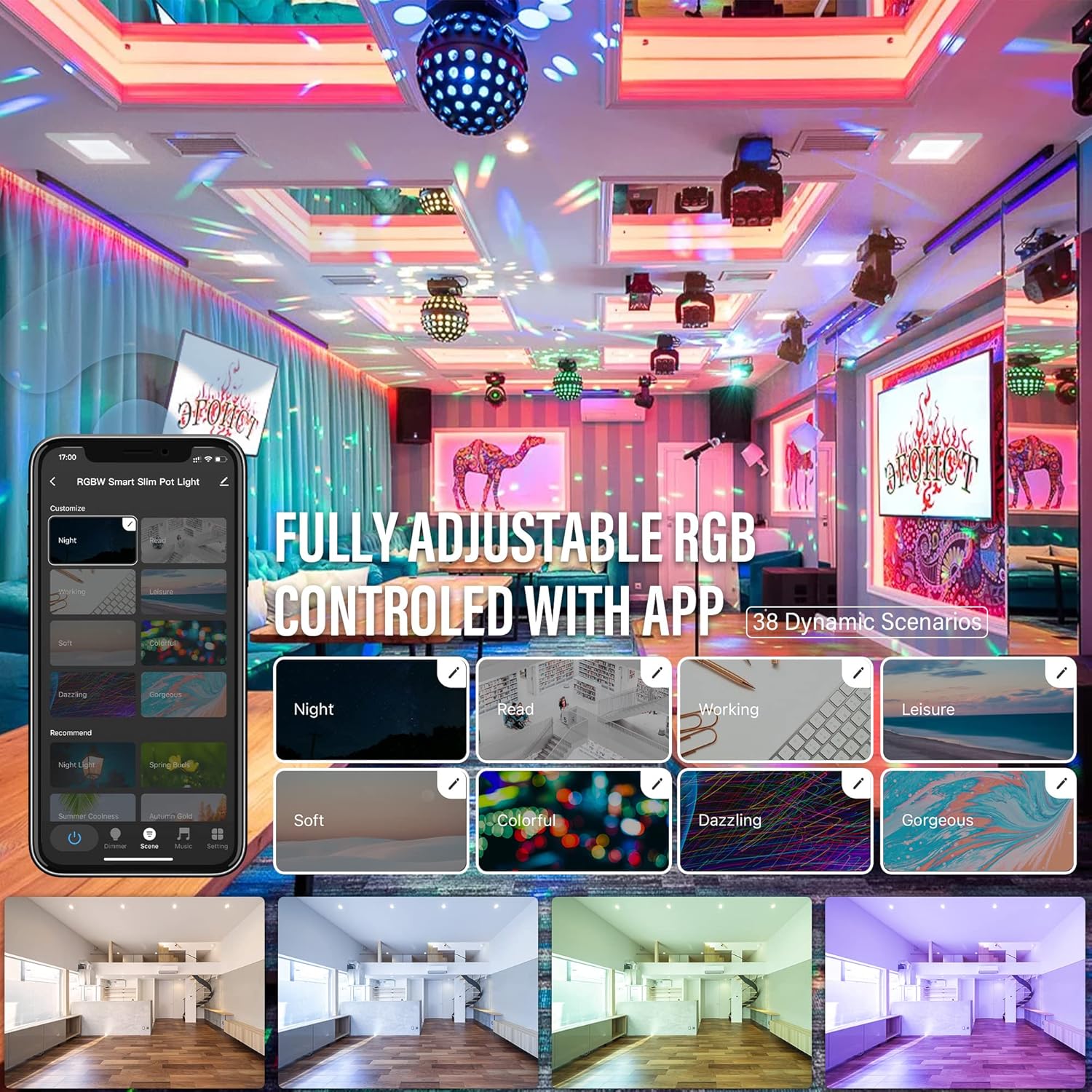 JULLISON Luz LED inteligente empotrada delgada de 6 pulgadas, cuadrada, aplicación WiFi y control de voz, 120 V, 13 W, 1000 LM, RGB + 2700K-6000K,