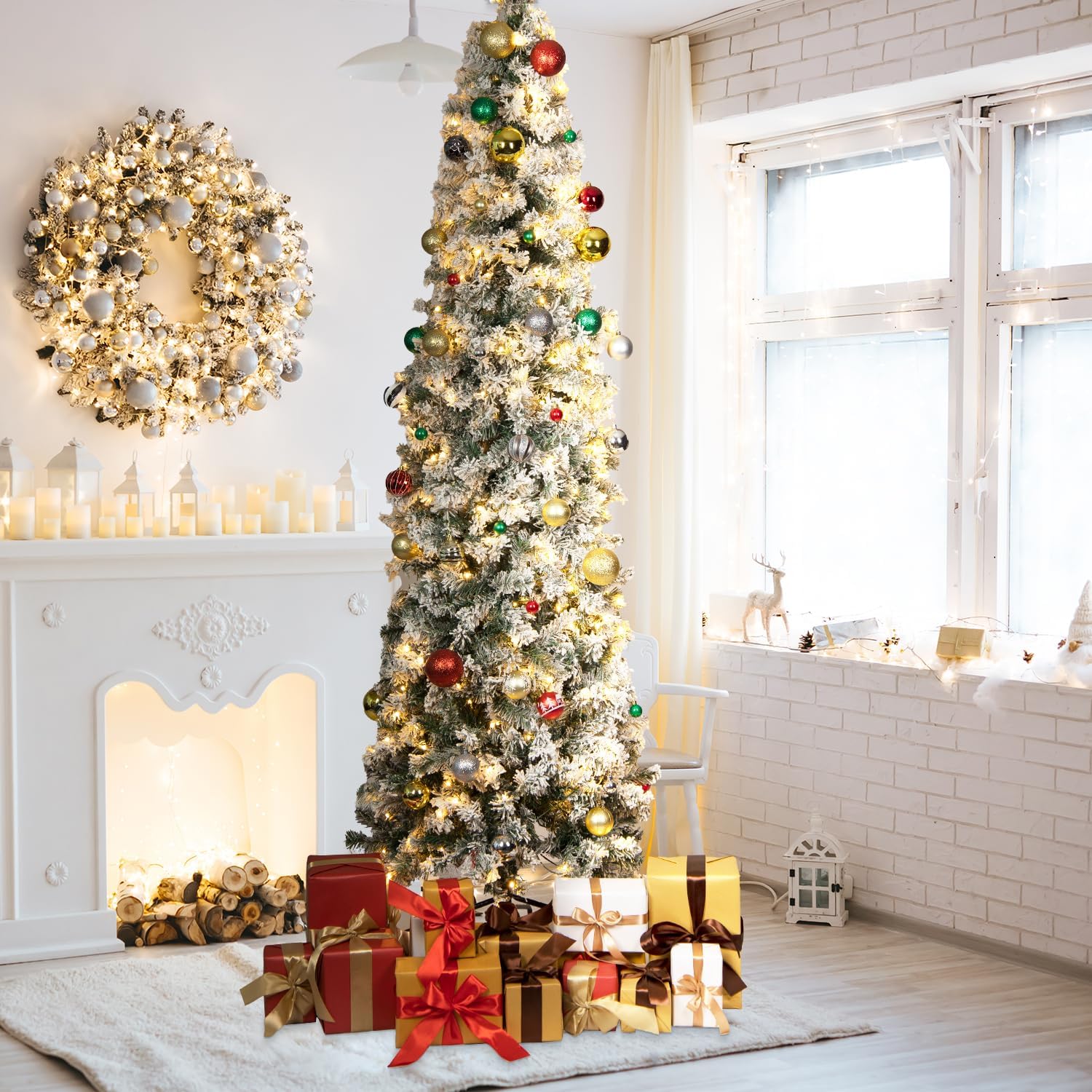 Árbol de Navidad preiluminado de 7.5 pies, árbol de Navidad artificial delgado con bisagras de metal y base para el hogar, tiendas, oficina,