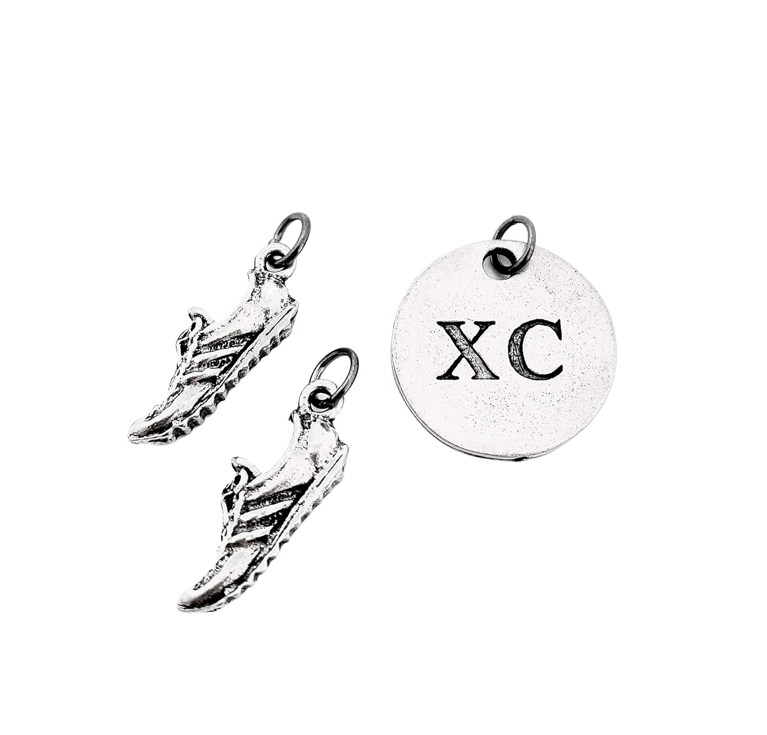 Running SHOE XC Round Pewter Charm Set – Pair of Running Shoe Charms – TWO (2) Pewter Running Shoe Charms and 1 Round Pewter XC Pendant in Organza