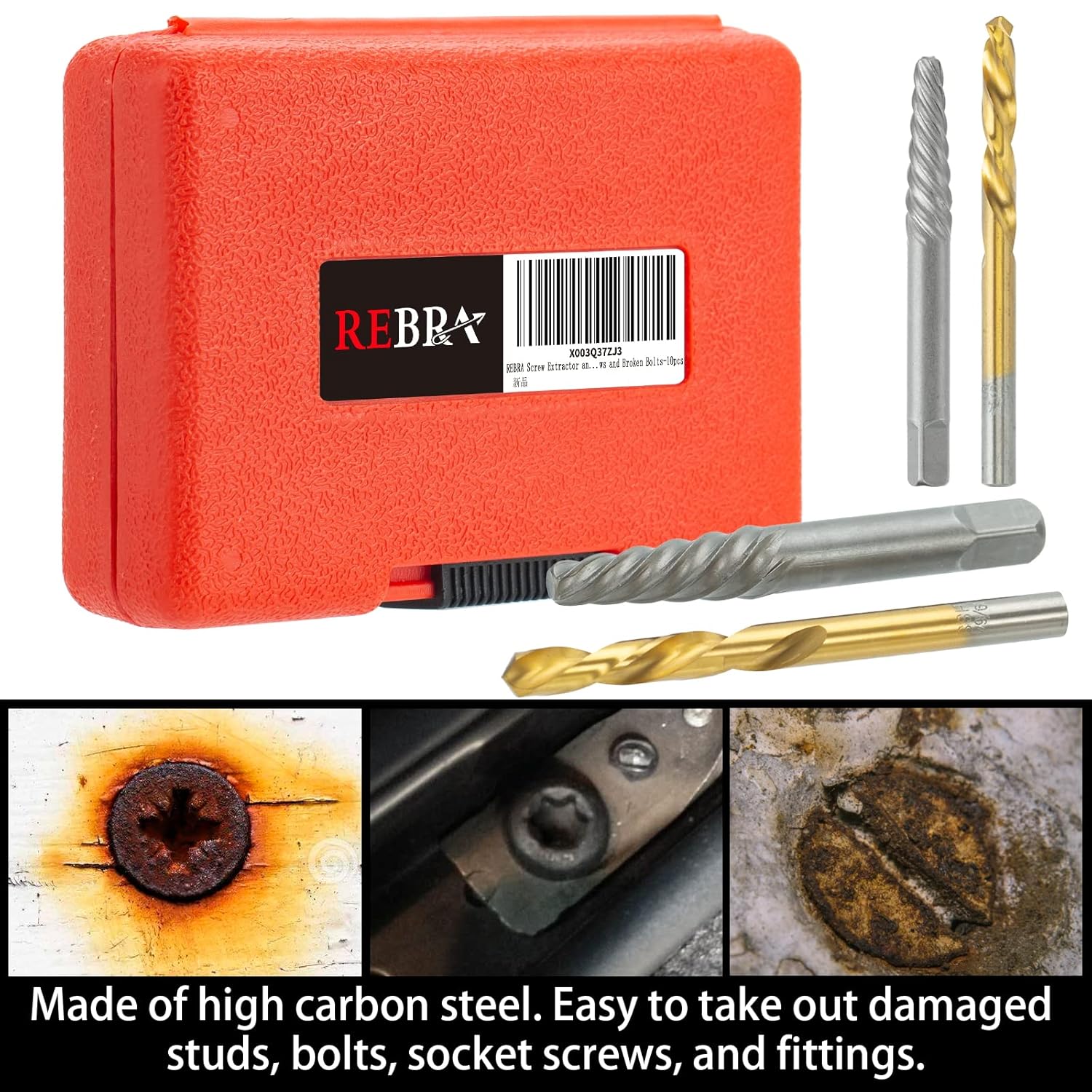 REBRA Extractor de tornillos y juego de brocas para mano izquierda, kit de taladro de acero HSS de cobalto invertido fácil de quitar, redondeado,
