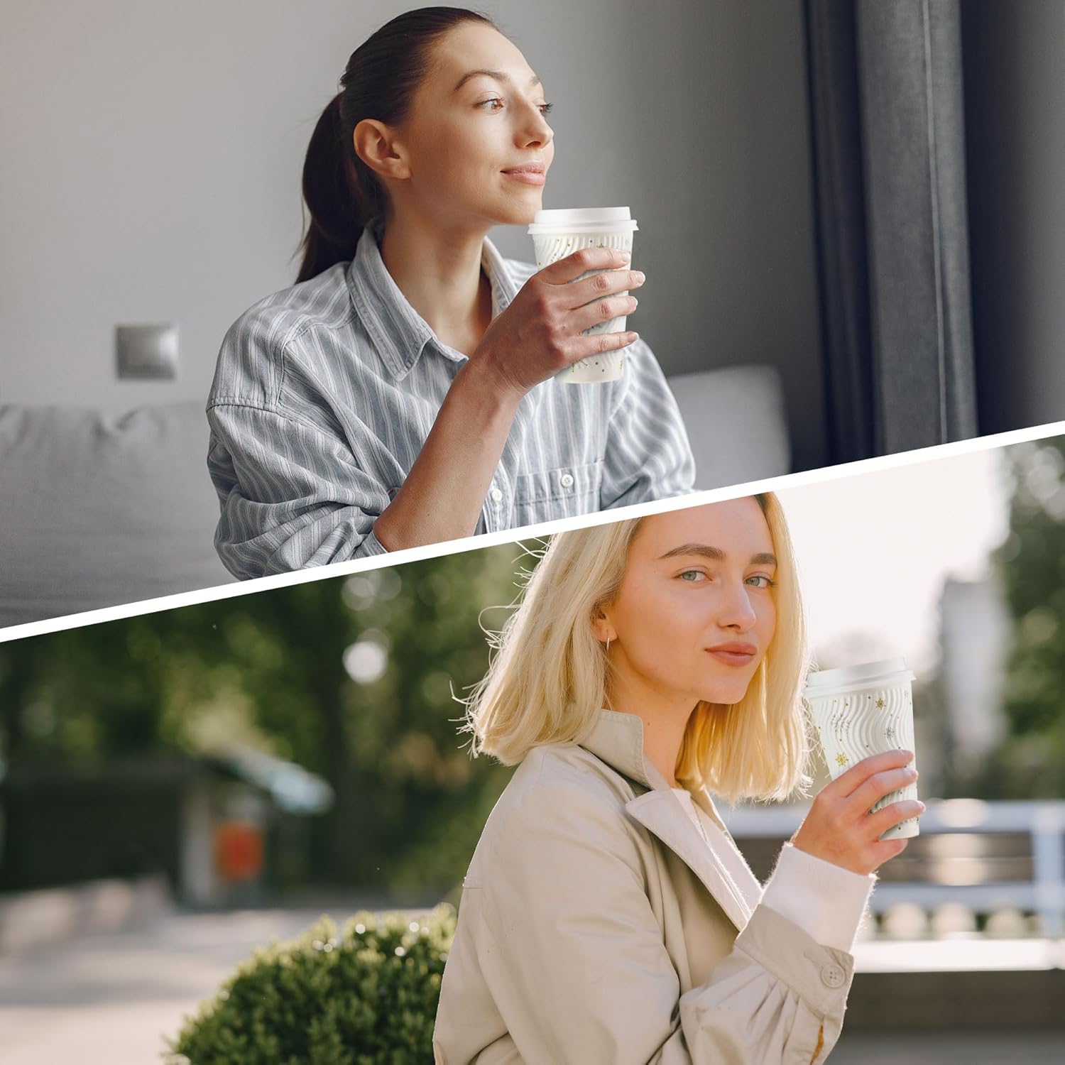 Paquete de 100 tazas de café de Navidad de 16 onzas, vasos de papel desechables de invierno con copos de nieve blancos, vasos de papel de pared con