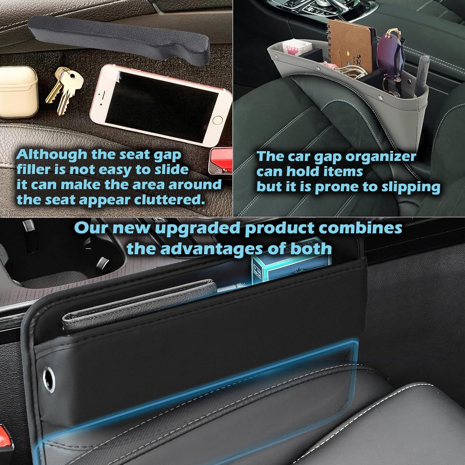 Paquete de 2 organizadores de cuero para asiento de automóvil, organizador de cuero para asiento delantero, para teléfono, dinero, tarjetas, llaves,