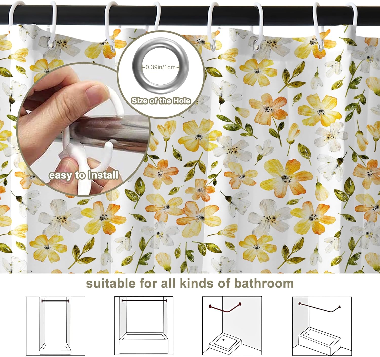 Cortina de ducha con flores amarillas, juego de cortina de ducha floral amarilla para baño, cortina de baño de tela de jardín bohemio con ganchos,
