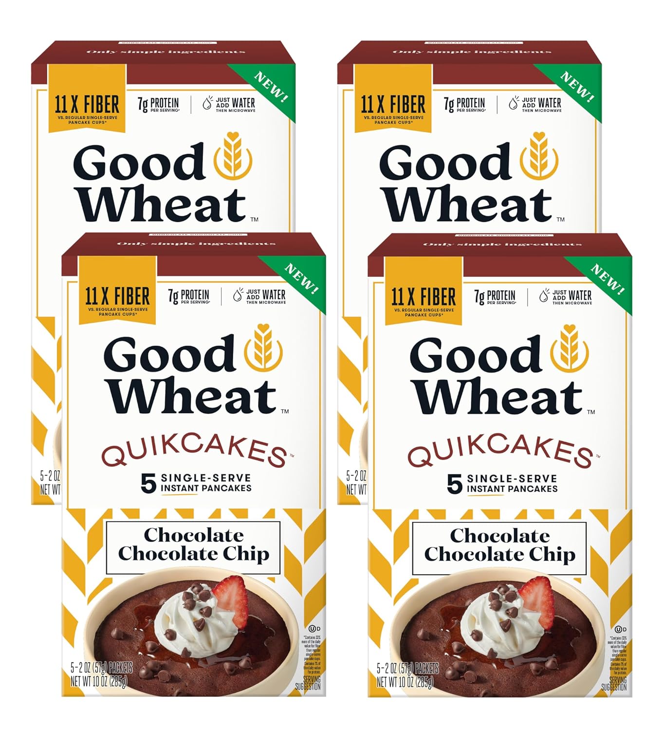 GoodWheat Panqueques instantáneos con chispas de chocolate  0.43 oz de fibra  0.27 oz de proteína  Mezcla para panqueques de una sola porción  Solo