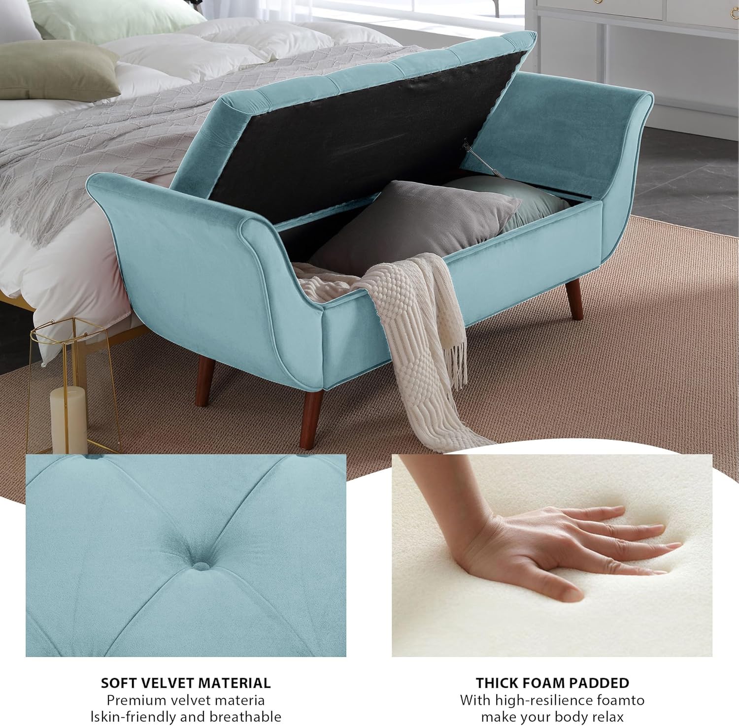 RXRRXY Banco de almacenamiento de terciopelo para dormitorio, banco de cama con otomana, bancos tapizados con botones capitoné tamaño King con