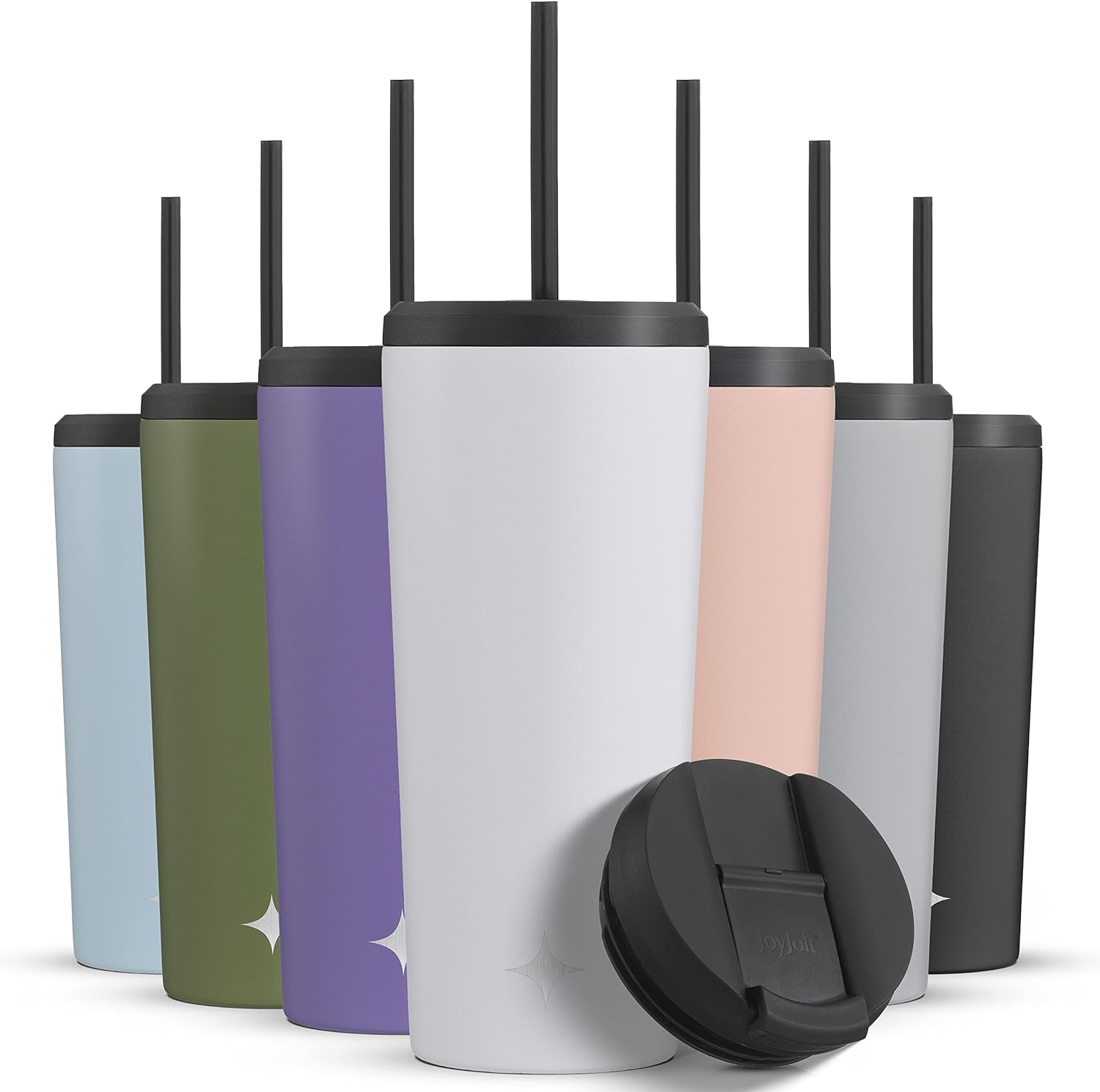 JoyJolt Vaso aislado al vacío de 24 onzas con tapa y popote (2 de cada uno) vaso de acero inoxidable de doble pared al vacío, con forro de cobre