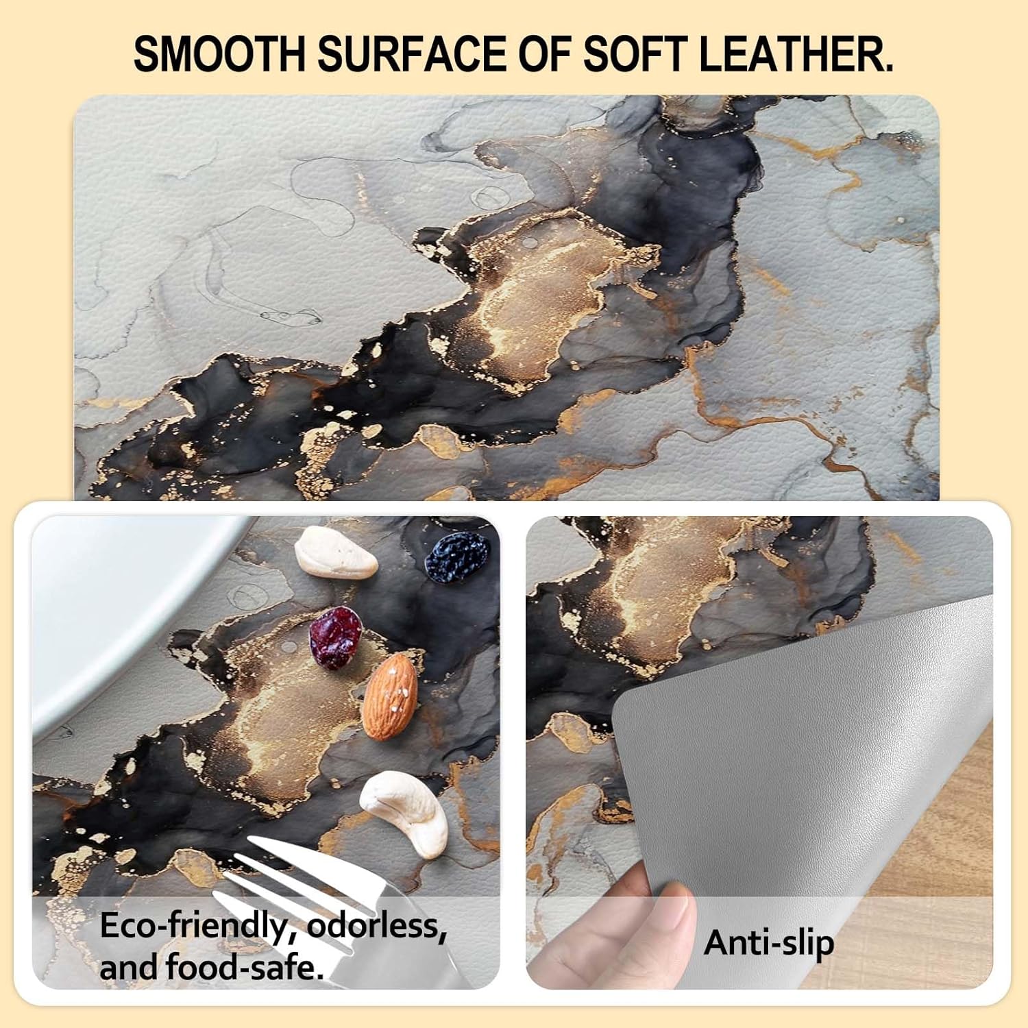Lnond Juego de 4 manteles individuales de cuero de mármol negro con posavasos, lavables, resistentes a las manchas de calor, lavables para
