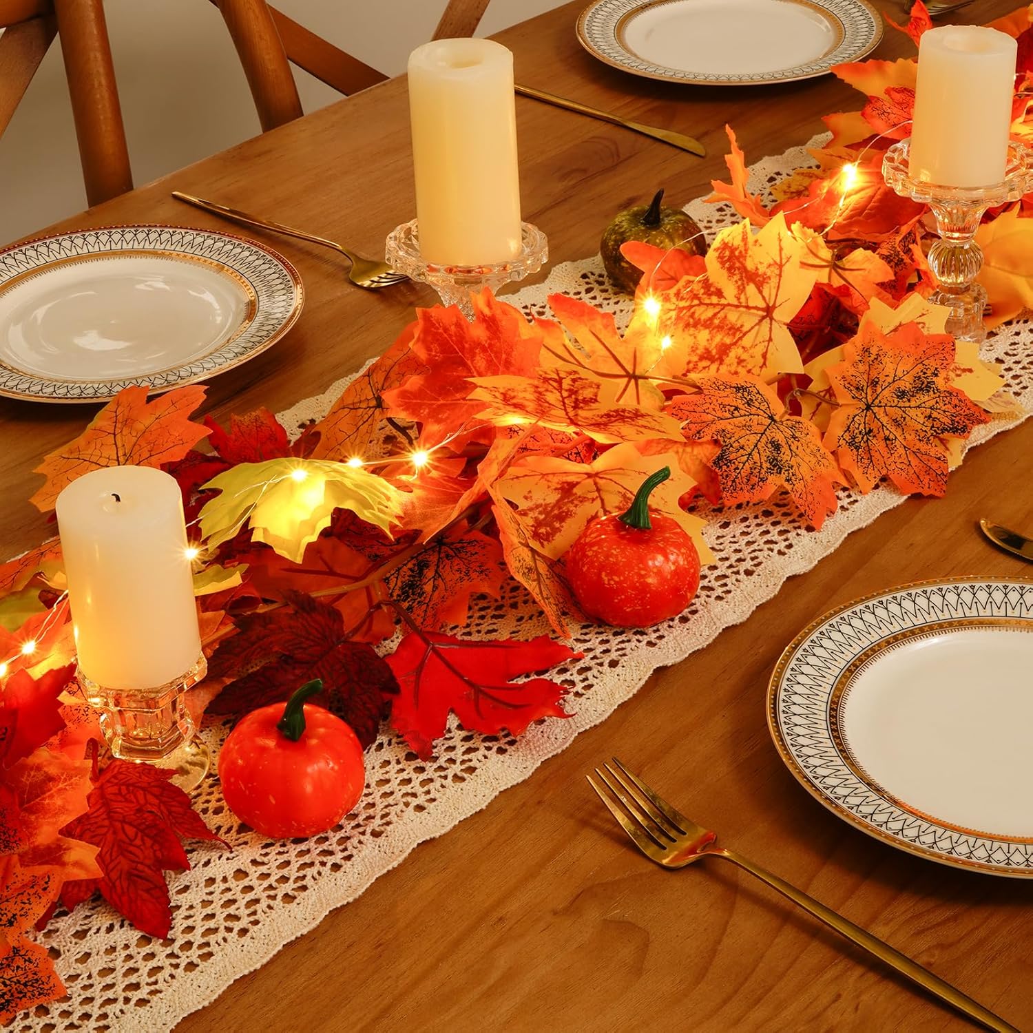 Dolicer Guirnalda de otoño con luces, 2 guirnaldas de hojas de otoño de 11.9 pies, guirnalda de otoño para manto, guirnalda de hojas de arce para el