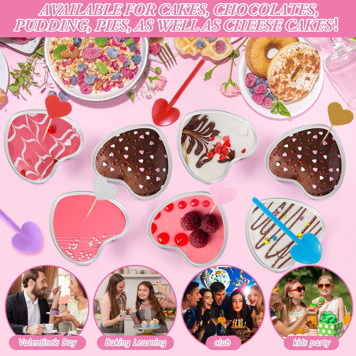 Juego de 100 moldes para tartas en forma de corazón de 3.4 onzas con tapas de aluminio, mini moldes desechables para tartas, moldes para hornear con