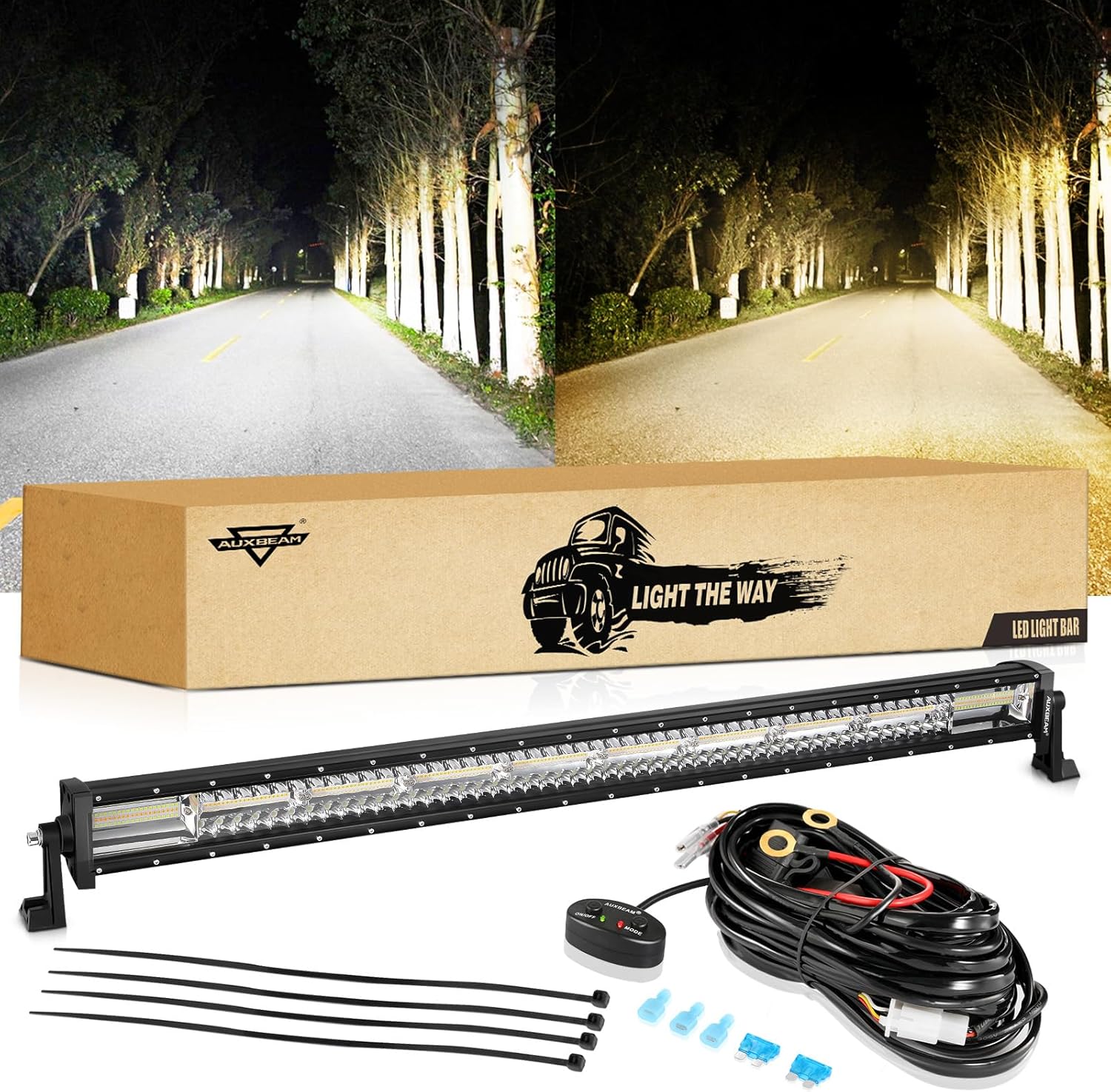 Auxbeam Barra de luz LED recta de 42 pulgadas y 240 W, 6 modos de luz estroboscópica blanca ámbar todoterreno, haz combinado de inundación puntual