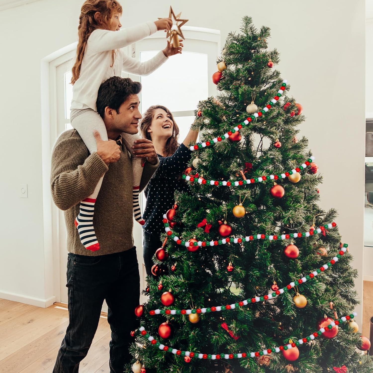 Frienda Guirnalda de cuentas de madera de Navidad de 100 pies, decoración de árbol de Navidad con cuentas de madera, cuentas decorativas de granja,