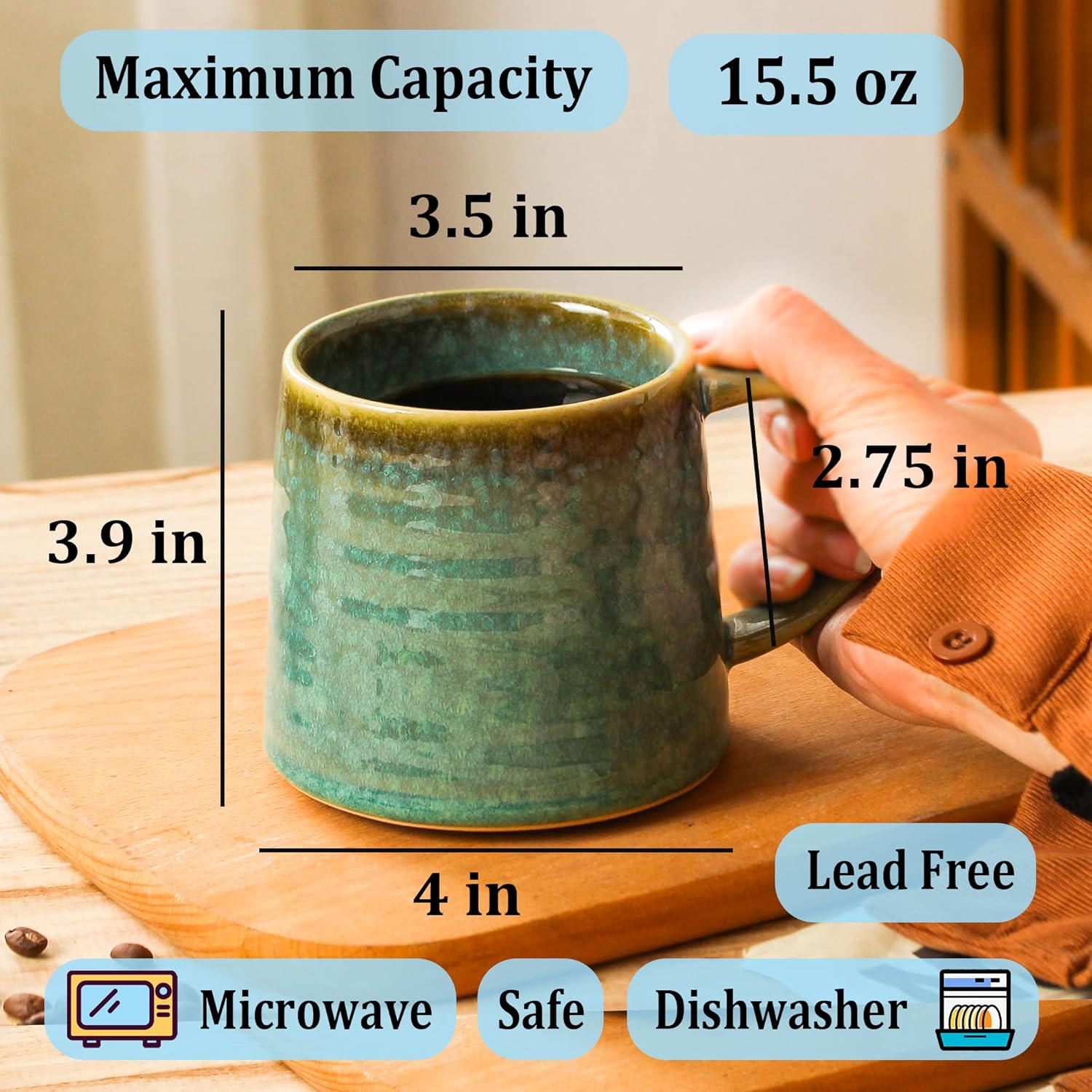 masoline Taza de café grande de cerámica, tazas de cerámica hechas a mano, tazas de té con mango grande para oficina y hogar, 15.5 onzas, aptas para