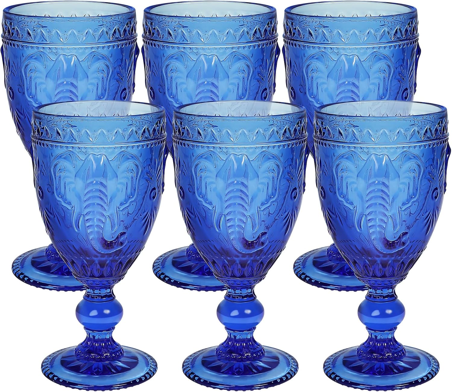 Juego de 6 copas de vino con diseño prensado de elefante, juego de 6 copas de agua de colores, vasos azules sin plomo para fiestas y bodas, 10 onzas