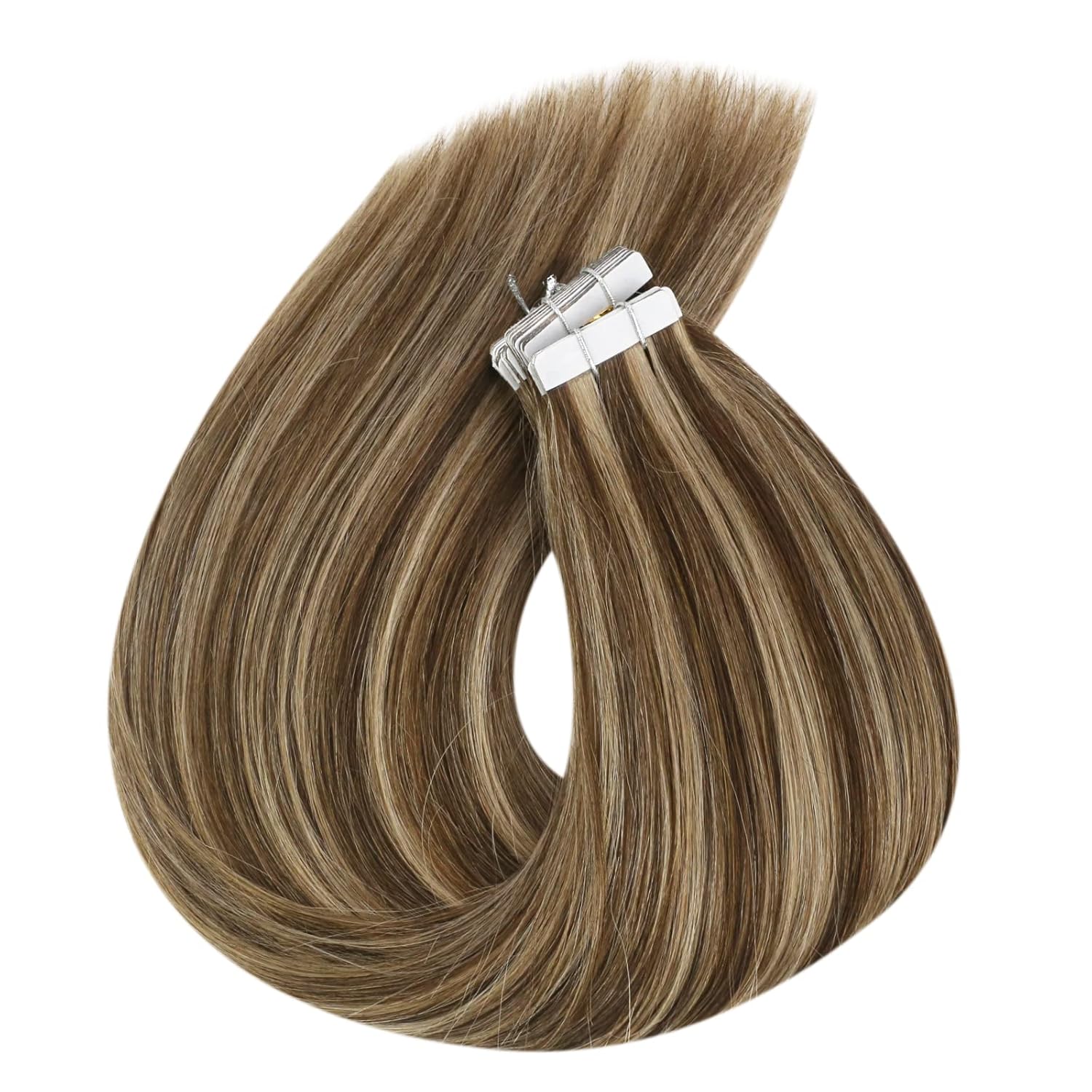Sunny – Extensiones de cabello humano con cinta adhesiva, color marrón oscuro, color rubio caramelo, lacio sedoso para mujer, 20 pulgadas, 1.76oz,