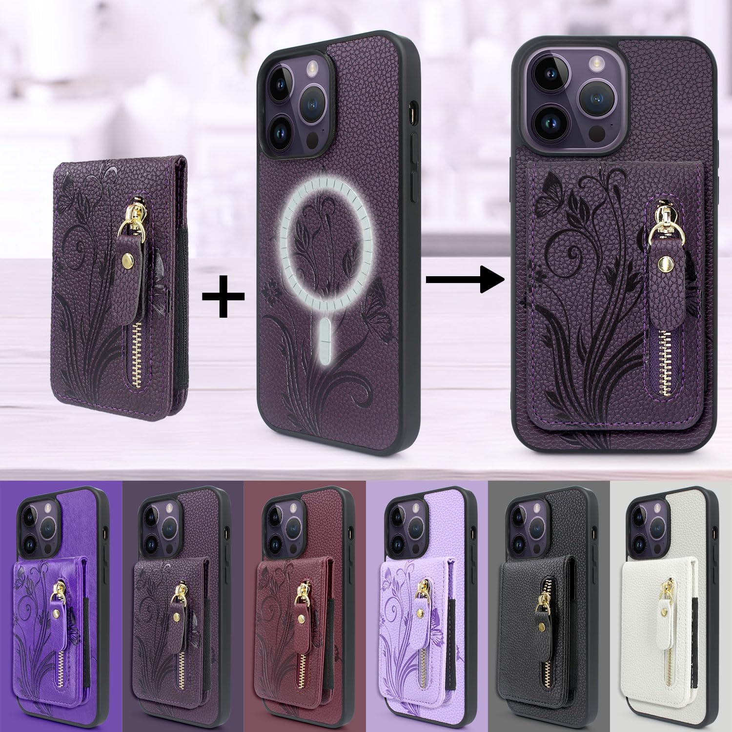 Lacass Funda compatible con MagSafe Case Wallet para iPhone 15 Pro de 6.1 pulgadas, tarjetero magnético desmontable con cremallera (floral morado