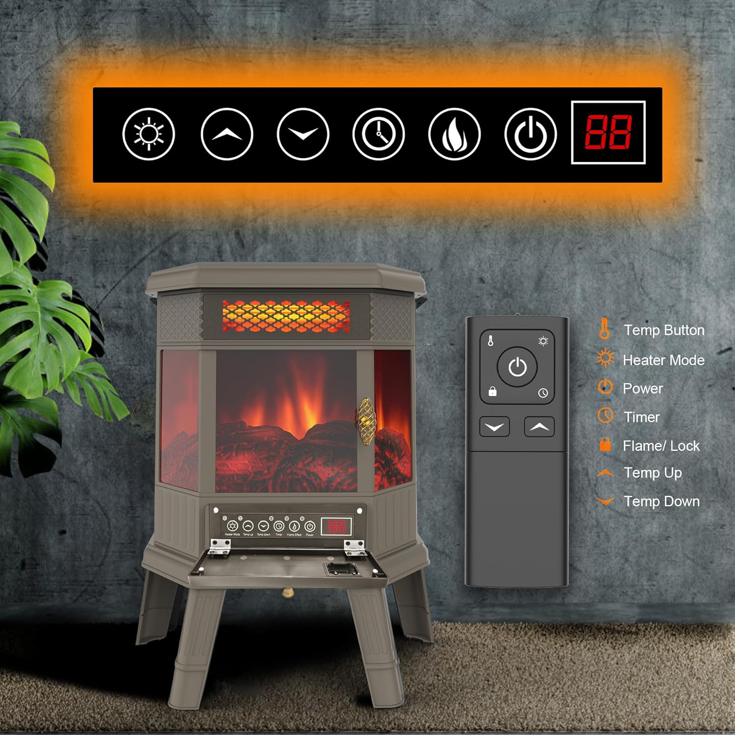 Calentador eléctrico de chimenea independiente de 22 pulgadas, chimenea infrarroja con efecto de llama 3D, temporizador, calentador de protección