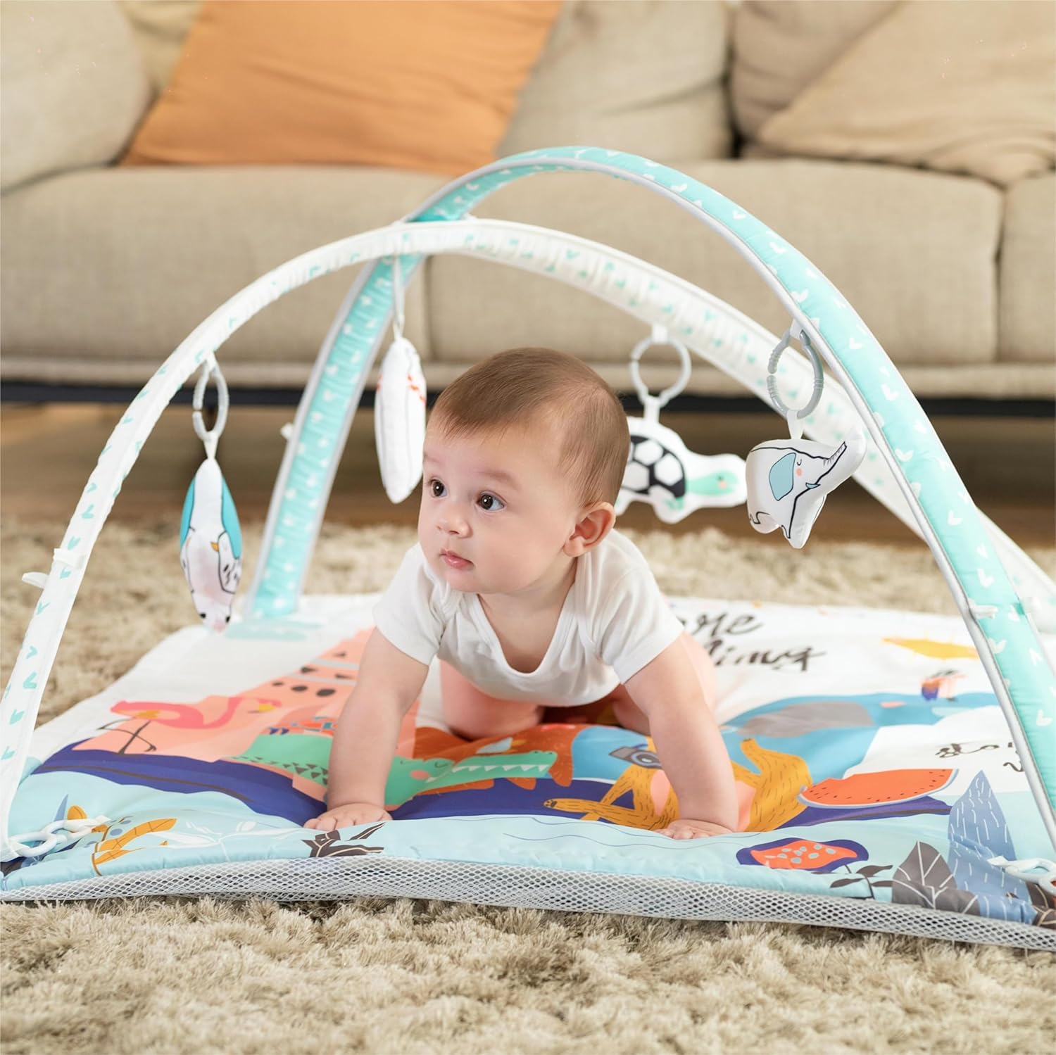 LADIDA Gimnasio de juegos para bebés, tapete de actividades con piscina de pelotas, tapete de juego de 3 etapas acolchado con juguetes basados en