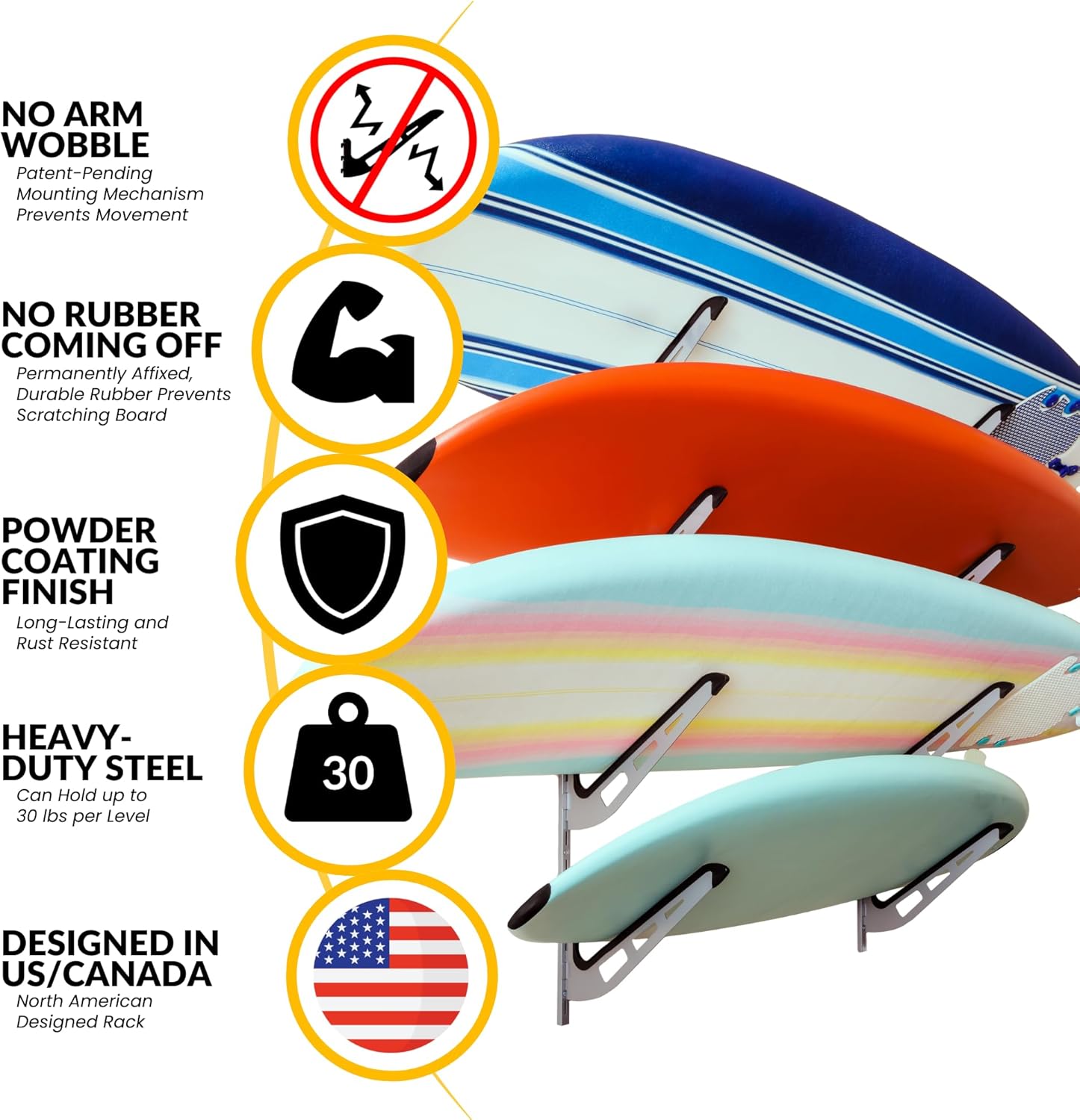 SteelChimp Estante de pared para tablas de surf  Estante horizontal de 4 niveles  Diseño de montaje de brazo pendiente de patente antibalanceada