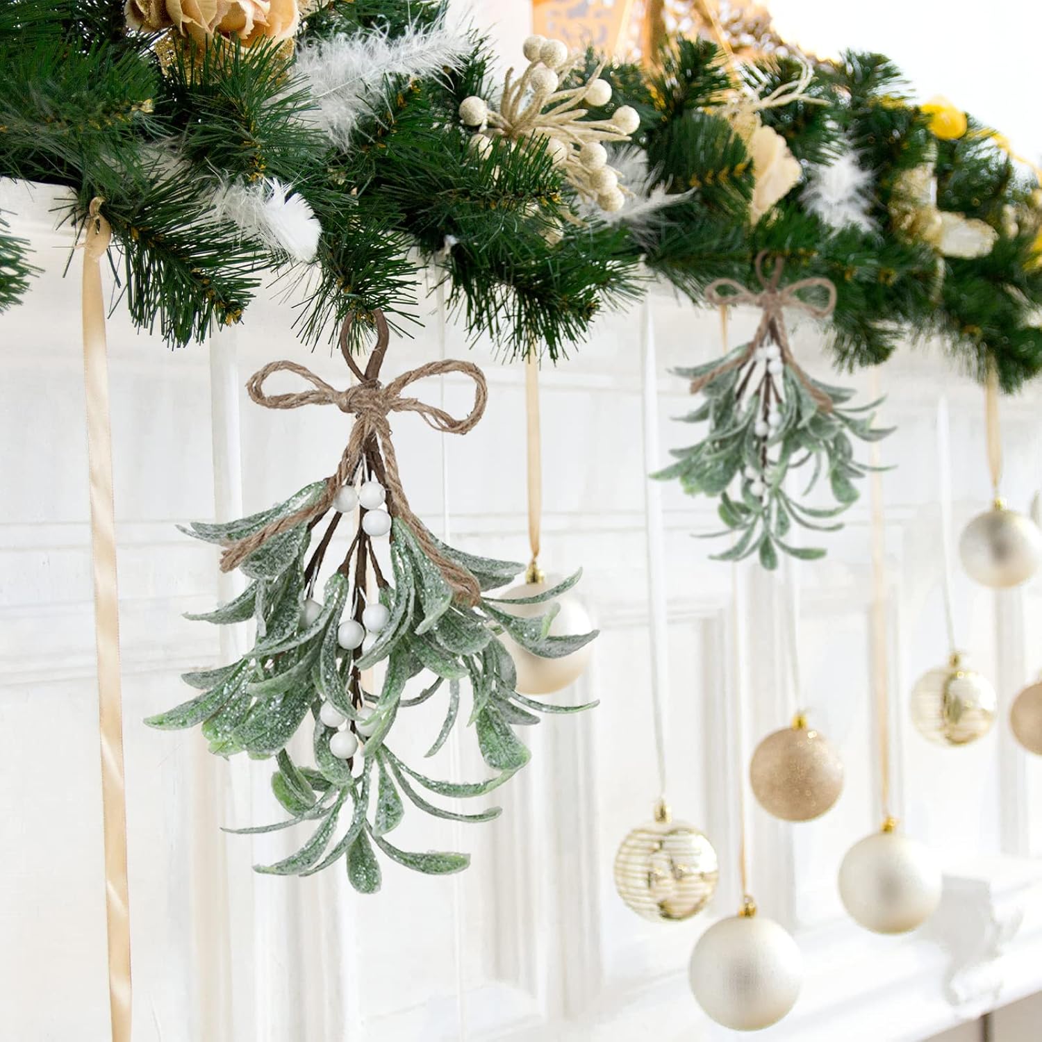 4 púas de muérdago artificiales, decoración de muérdago navideño de 9.1 pulgadas con bayas rojas, tallos florales de muérdago artificiales, adorno