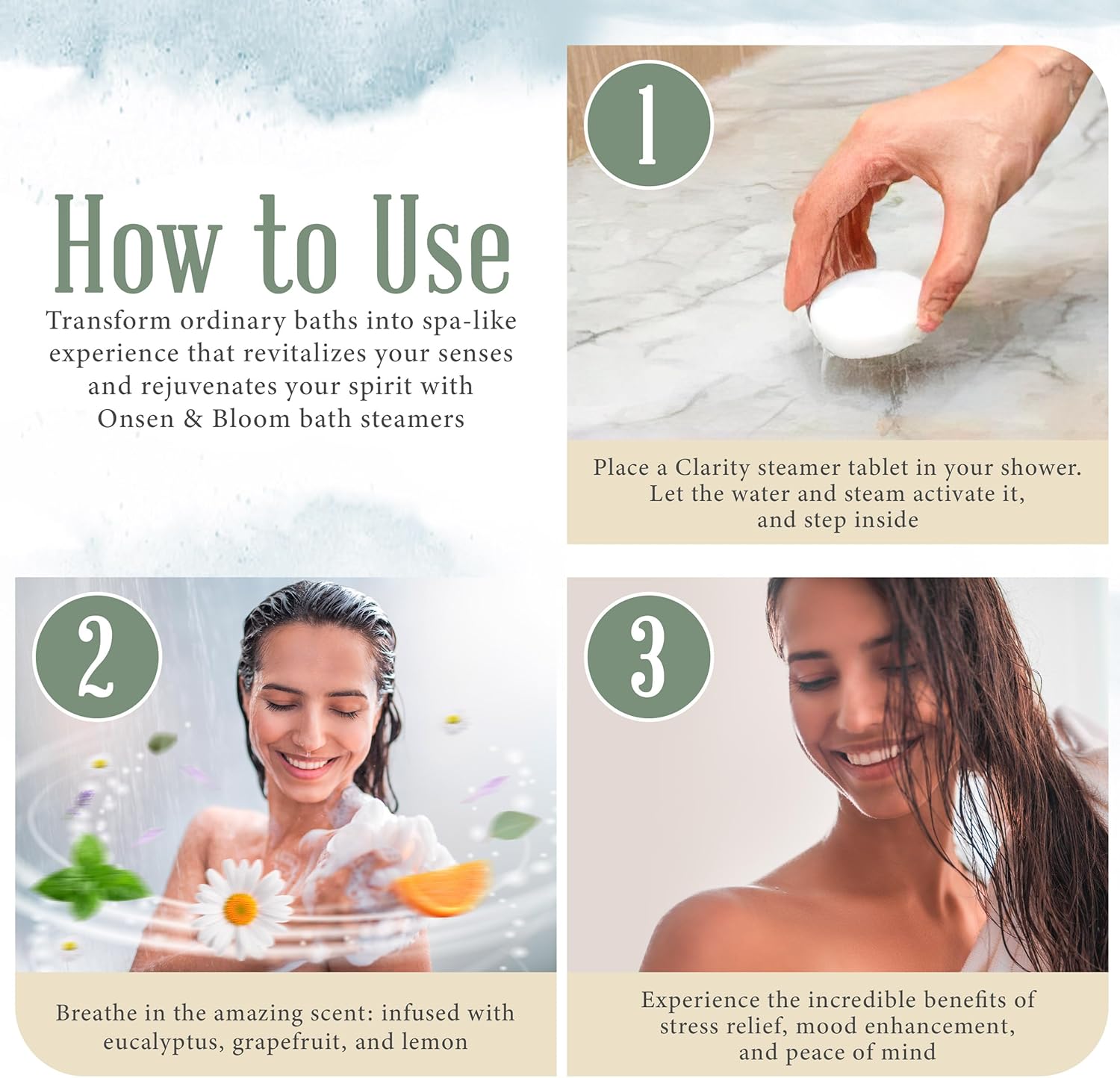 Onsen & Bloom Vaporizadores de ducha  Refrescantes bombas de ducha aromaterapia con aceites esenciales, caja de 6 vaporizadores de ducha, 2 tabletas
