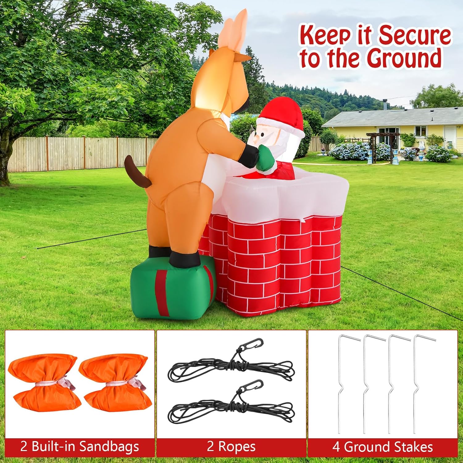 Tangkula Chimenea inflable de Navidad de 5 pies con reno de pie en una caja de regalo, decoración de Navidad inflable con luces LED integradas para