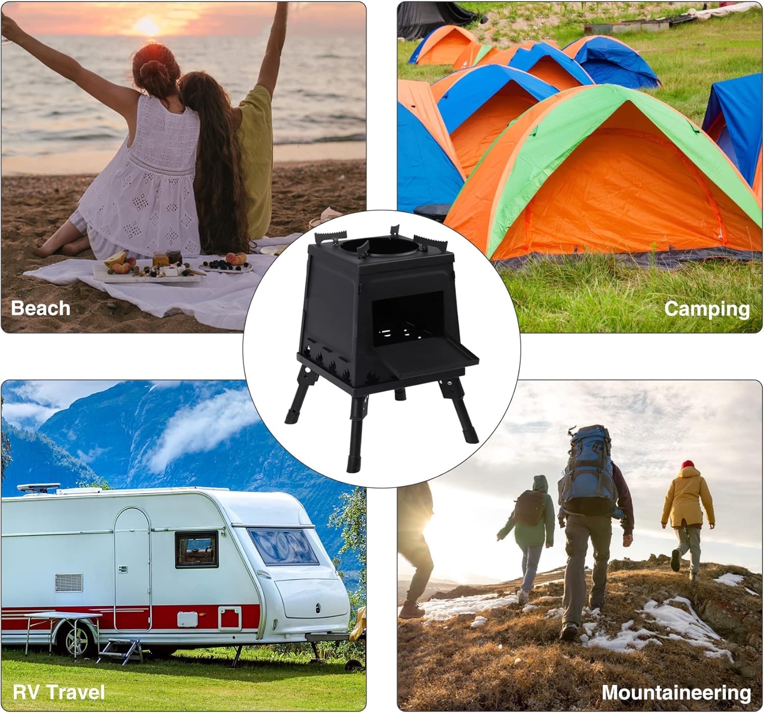 Lineslife Estufa de campamento de leña, estufa de leña portátil de hierro fundido, estufa de leña negra con funda de transporte para mochileros