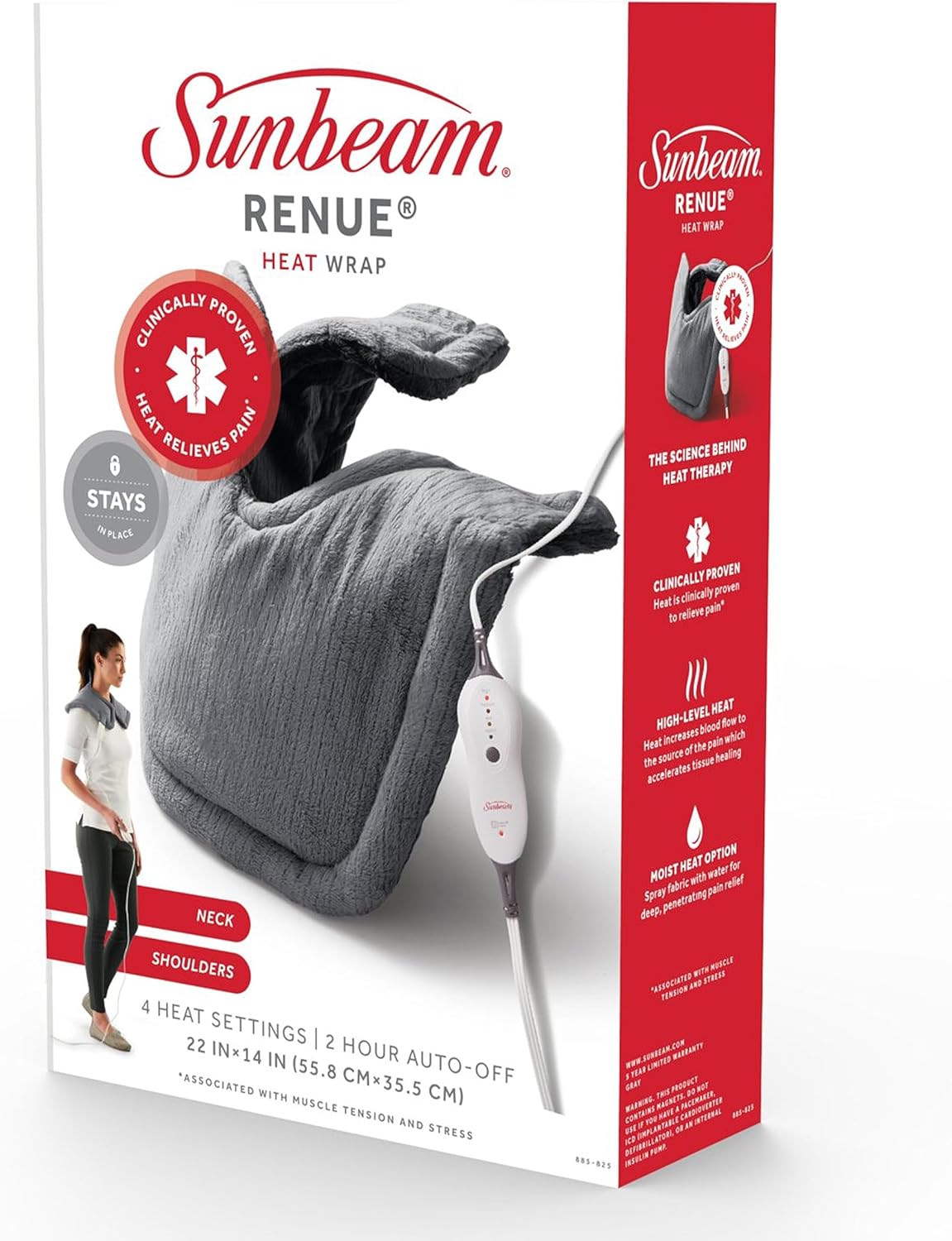 Sunbeam Almohadilla térmica para aliviar el dolor de cuello y hombros con apagado automático y opción de calefacción húmeda, 22 x 14, gris