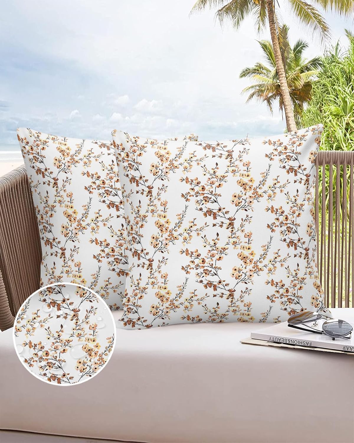 Paquete de 2 fundas de almohada cuadradas de 18 x 18 pulgadas, funda de cojín impermeable con textura floral amarilla y marrón para sofá,