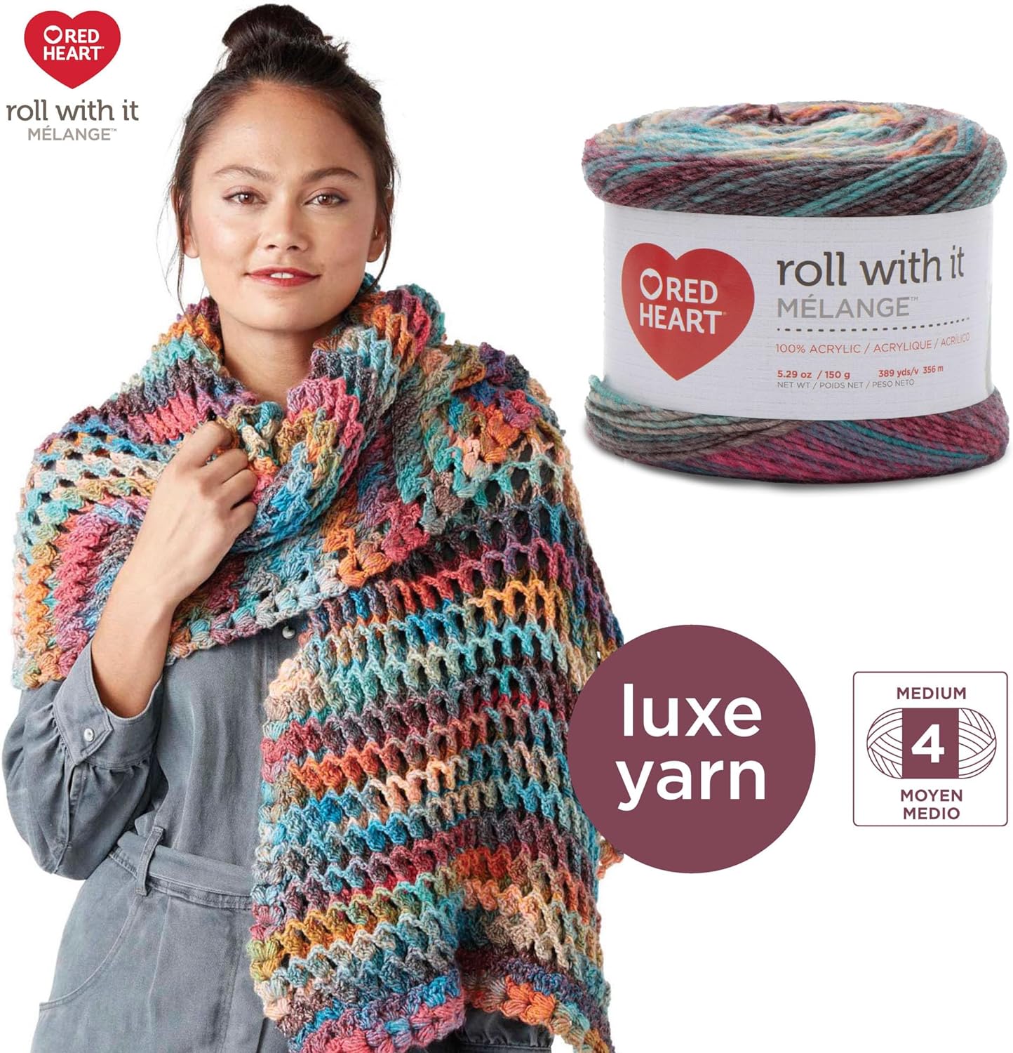Red Heart Roll with It Melange – Hilo de autógrafo de mezcla  Paquete de 3 unidades de 5.29 oz5.3 onzas  Acrílico  4 medianos (peinado)  389 yardas