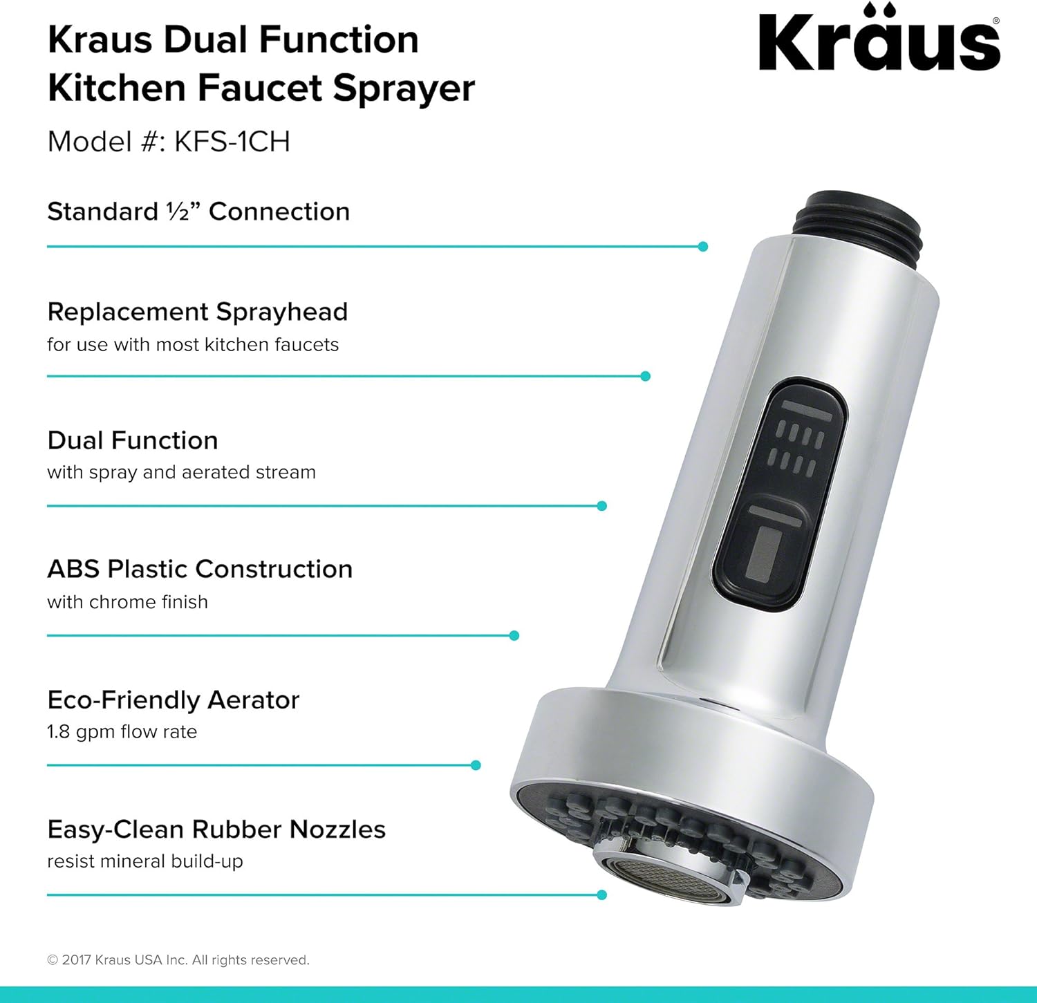 Kraus KFS-1CH – Pulverizador de grifo de cocina de doble función, cromo, 2.2 x 4 pulgadas