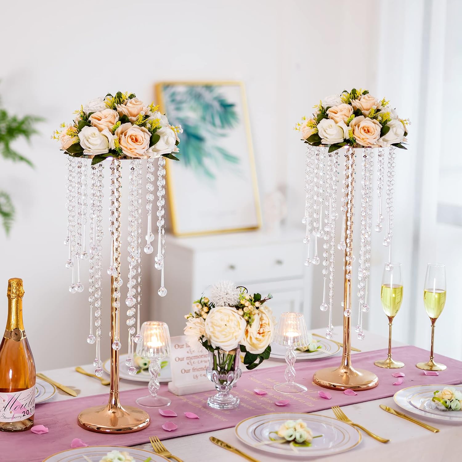 Jarrones altos para centros de mesa de boda, jarrón dorado de 21.7 pulgadas con cristal de araña, decoración de mesa de centro de mesa, soporte de