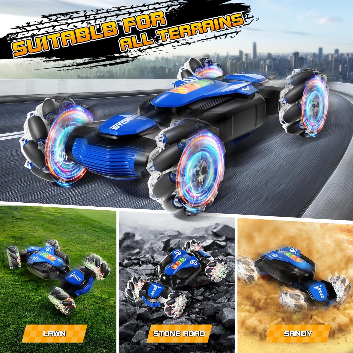 Aiqi Auto de control remoto, 2.4 GHz 4WD con detección de gestos RC Stunt Car con música fresca y luz, juguete giratorio de doble cara de 360 ,