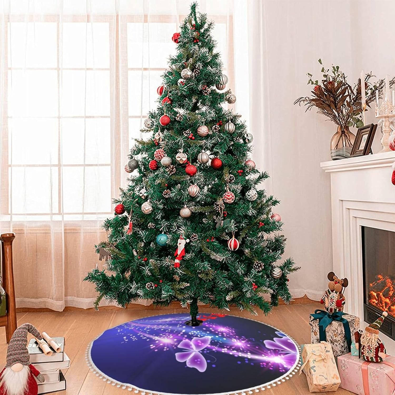 Falda de árbol de Navidad de 30 pulgadas, decoración de árbol de Navidad morada, impermeable, con ribete de pompones, decoración rústica de granja