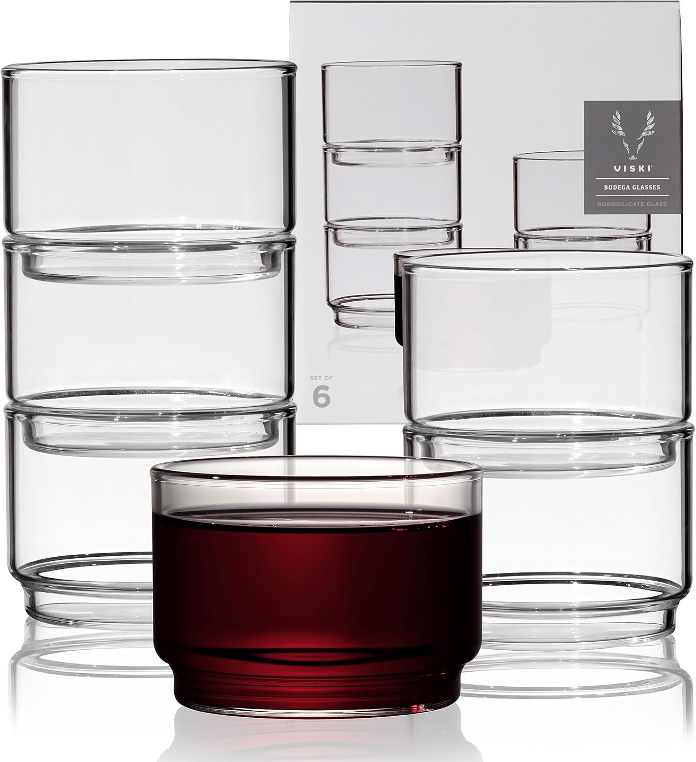 Viski Bodega – Juego de vasos apilables, cristalería moderna para vino y cócteles, 7 onzas, juego de 6, transparente