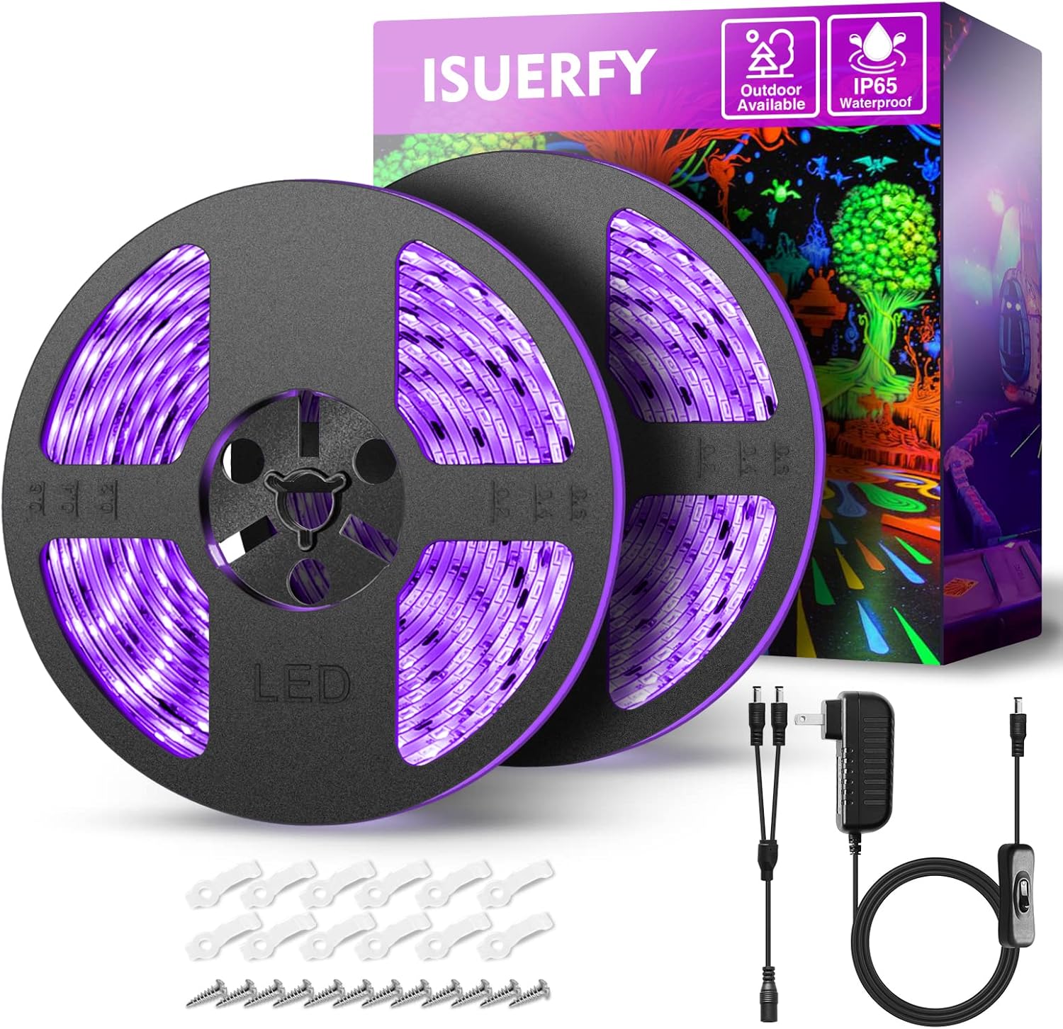 Kit de tira de luz LED negra impermeable IP65 de 40 pies39.4 ft, 720 LED, accesorios de luz negra flexible de 12 V, 385-400 nm, tiras LED de luz