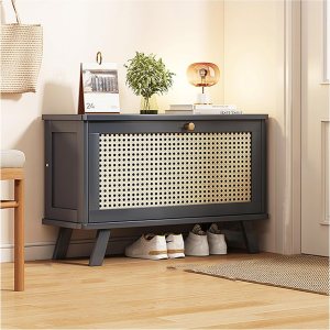 Organizador de almacenamiento moderno de ratán de plástico para entrada, zapatero de pie de bambú con puertas abatibles, tablero superior grande, Organizador de almacenamiento moderno de ratán de plástico para entrada, zapatero de pie de bambú con puertas abatibles, tablero superior grande,