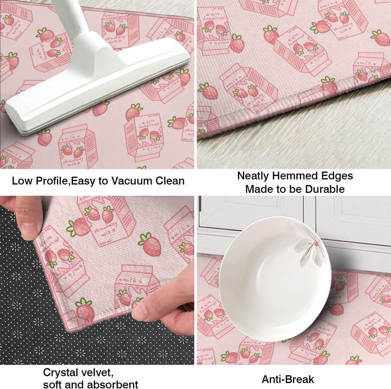 Brilbcu Juego de 2 tapetes de cocina con diseño de vaca de fresa rosa, alfombras decorativas para cocina, de bajo perfil, de vaca, fresa, decoración