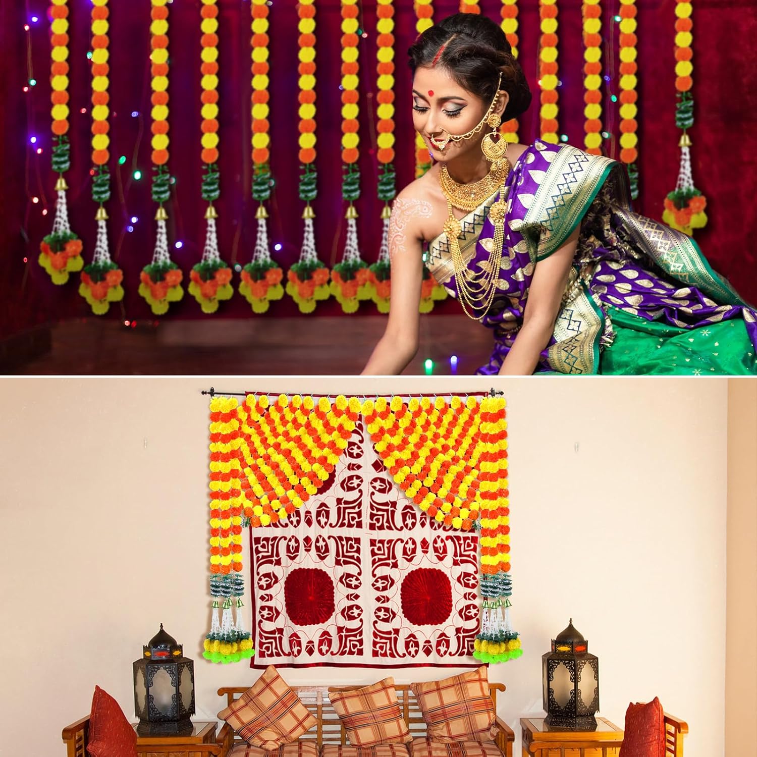 Paquete de 10 guirnaldas de caléndula de 5 pies de largo, flores de caléndula sintética, decoraciones de boda india, guirnalda de flores para Pooja