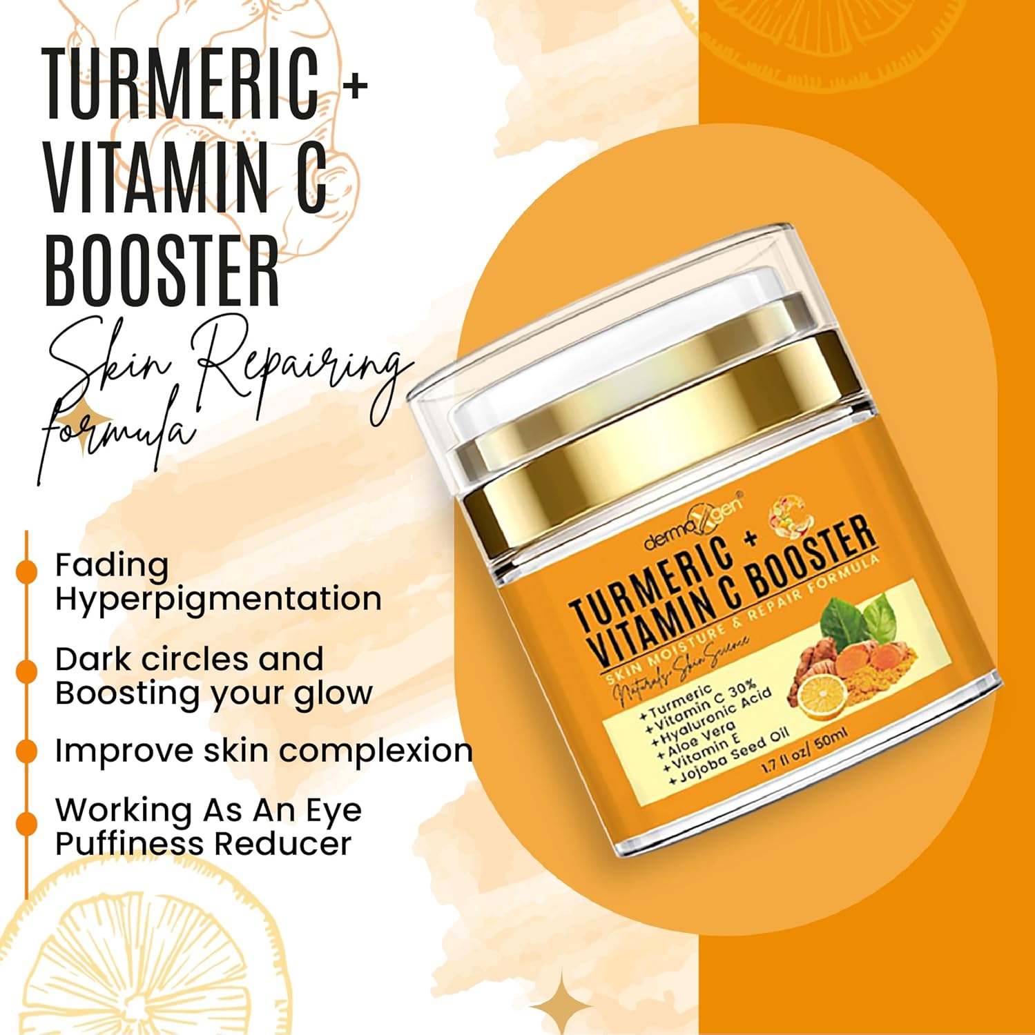 Cúrcuma + 30% vitamina C Face Glow Booster Hidratante y Crema Reparadora de la Piel – con ácido hialurónico, ingredientes orgánicos – Hidratante