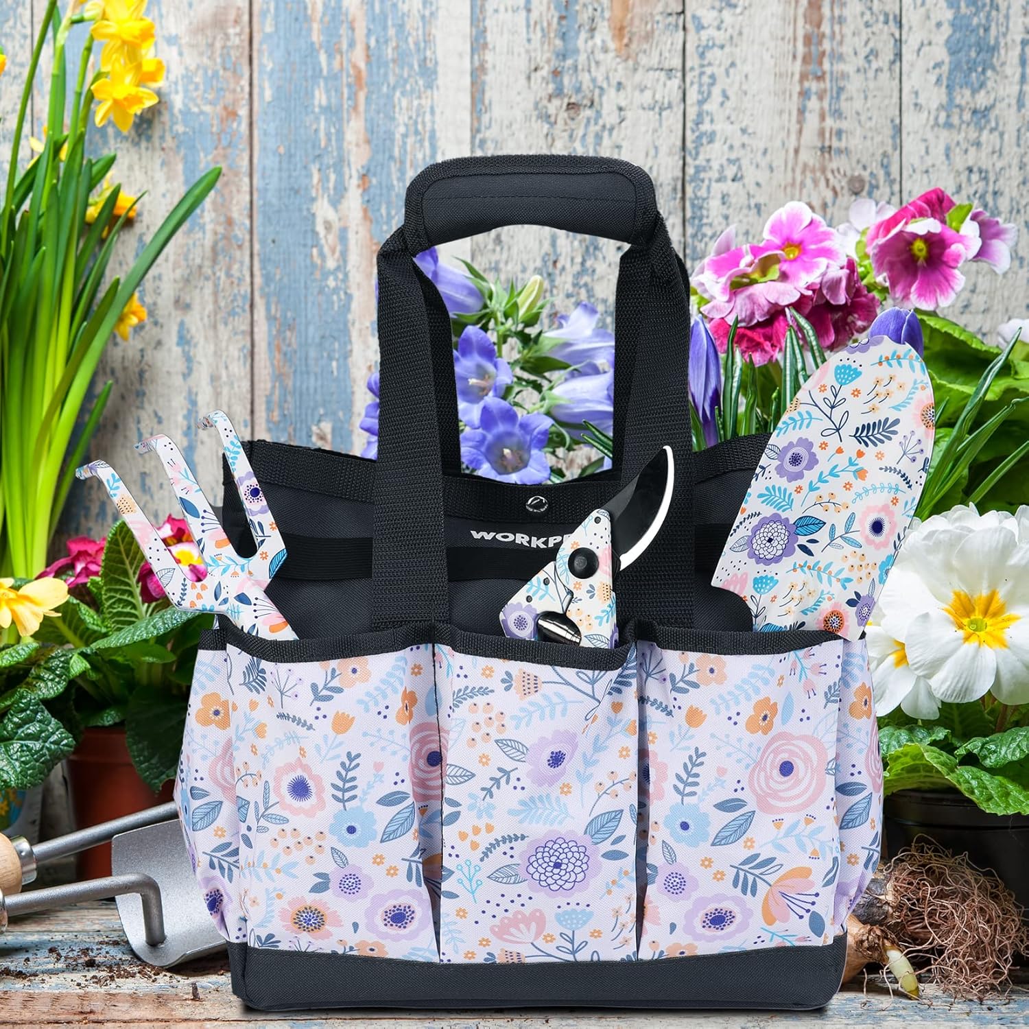 WORKPRO Bolsa de herramientas de jardín, 9 bolsillos, bolsa de almacenamiento de herramientas de jardín Oxford resistente, soporte para kit de