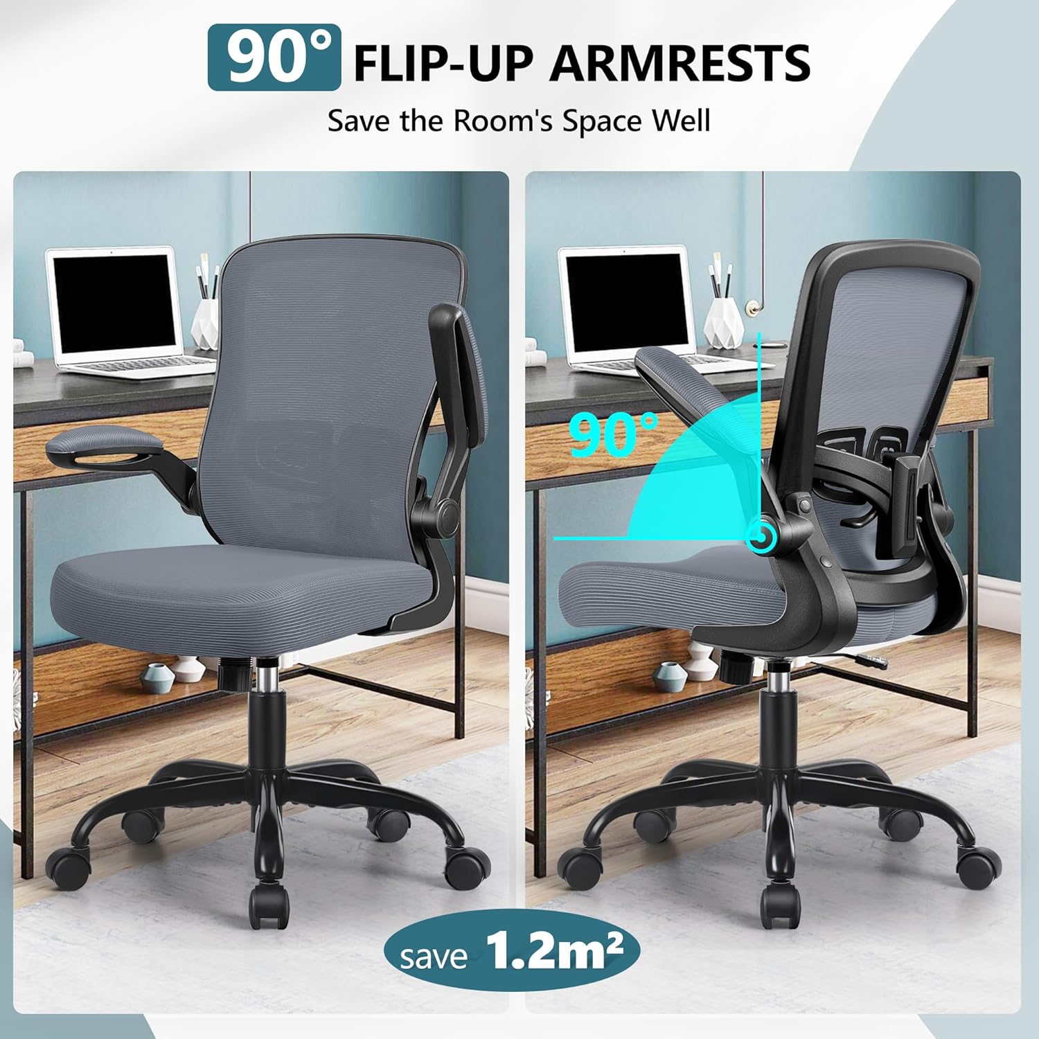 MINLOVE Silla de oficina ergonómica con soporte lumbar ajustable y altura, reposabrazos abatibles de 90, sillas de escritorio Ergo con ruedas, silla