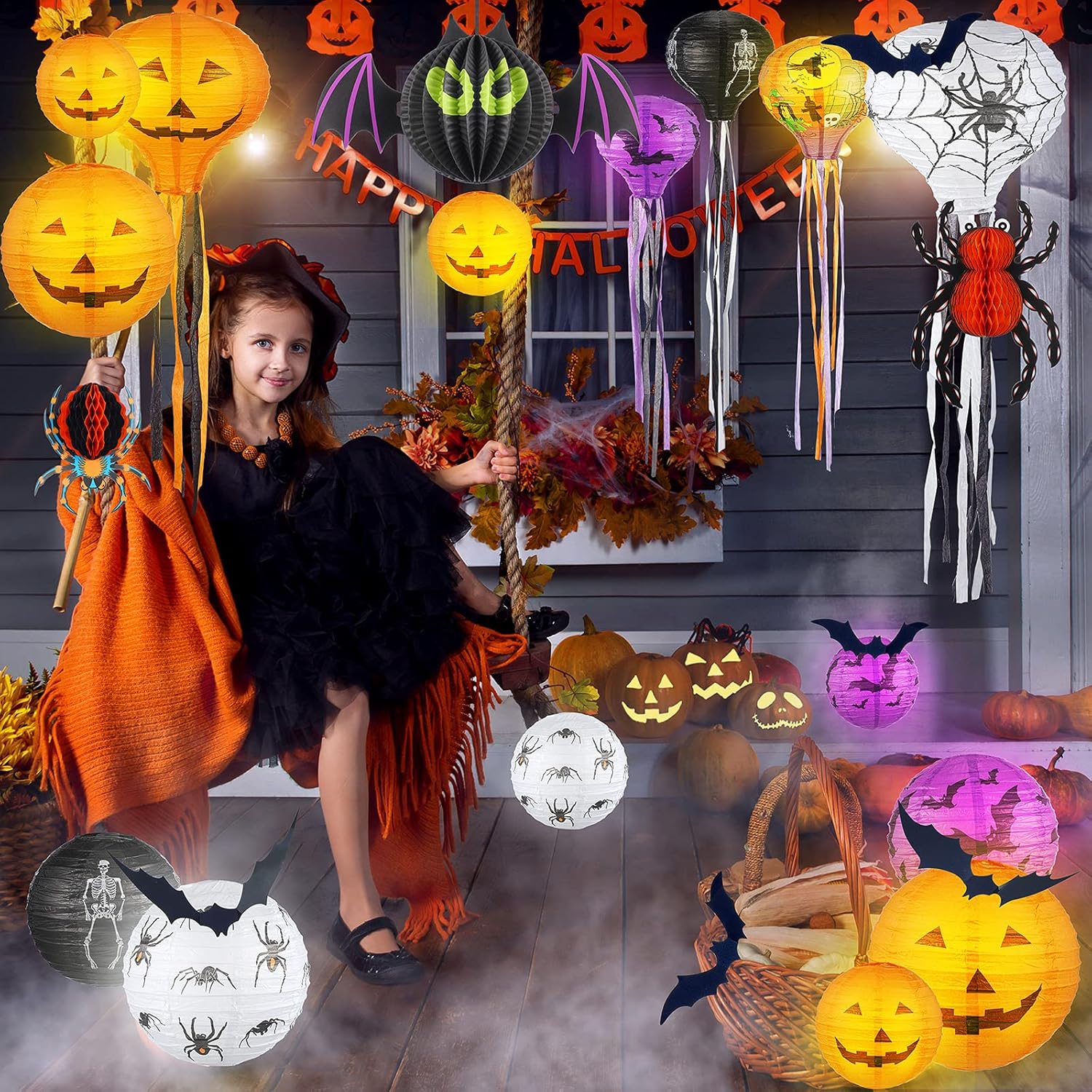 48 linternas de papel de decoración de Halloween, faroles de papel de esqueleto de calabaza, calcomanías de pared de murciélago 3D, arañas para