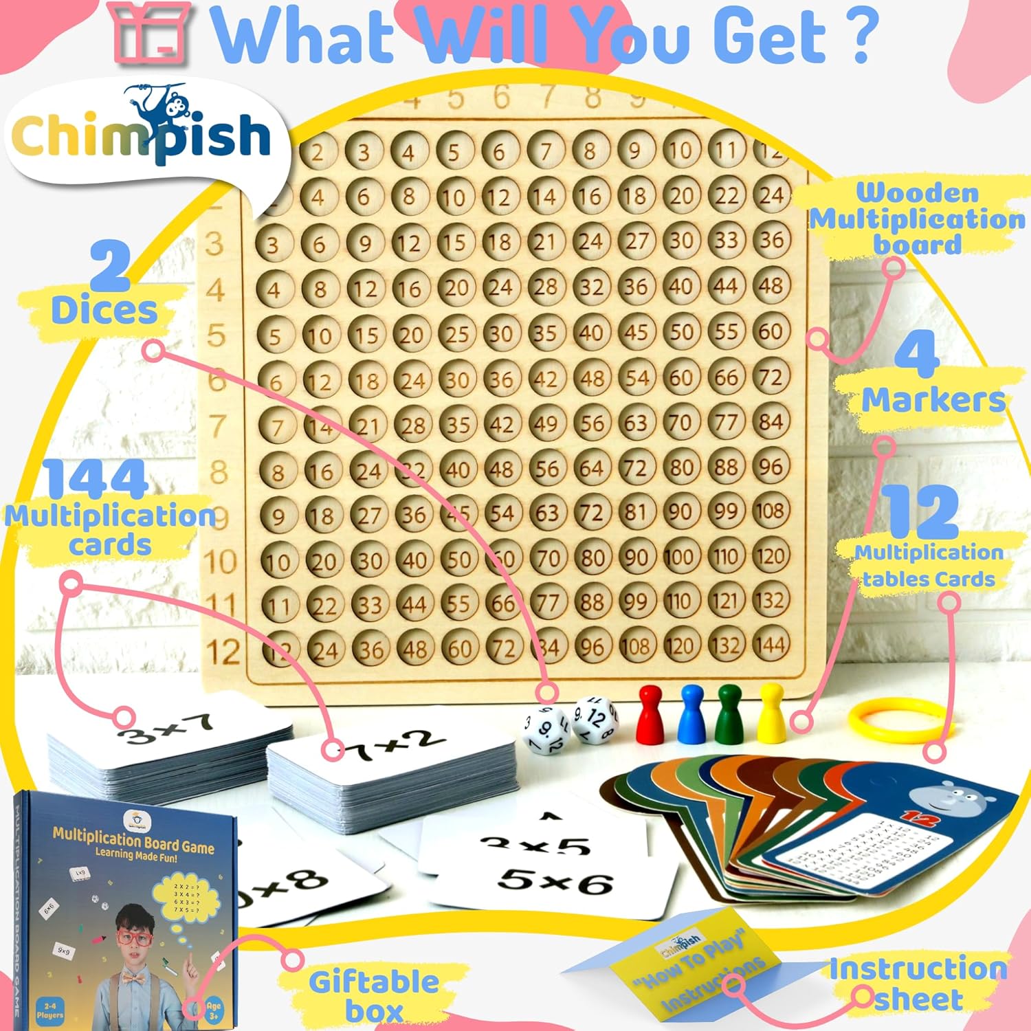 Juego de multiplicación, tablero de multiplicación Montessori, mesa de 12 x 12 veces, juego de mesa de multiplicación de madera de tamaño más grande
