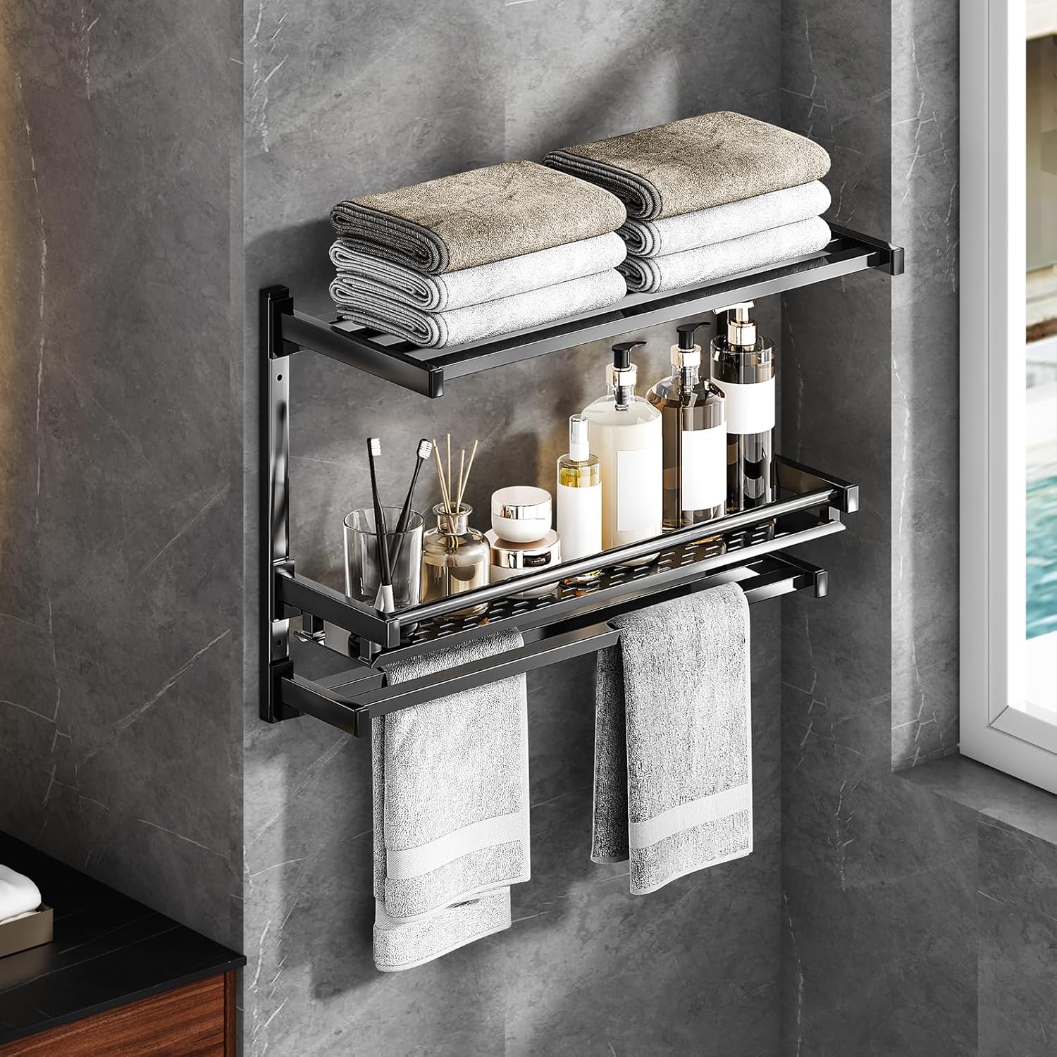 Toallero de 24 pulgadas para baño, toallero de 3 niveles con estante de almacenamiento desmontable, estante de toallas de baño con doble toallero,