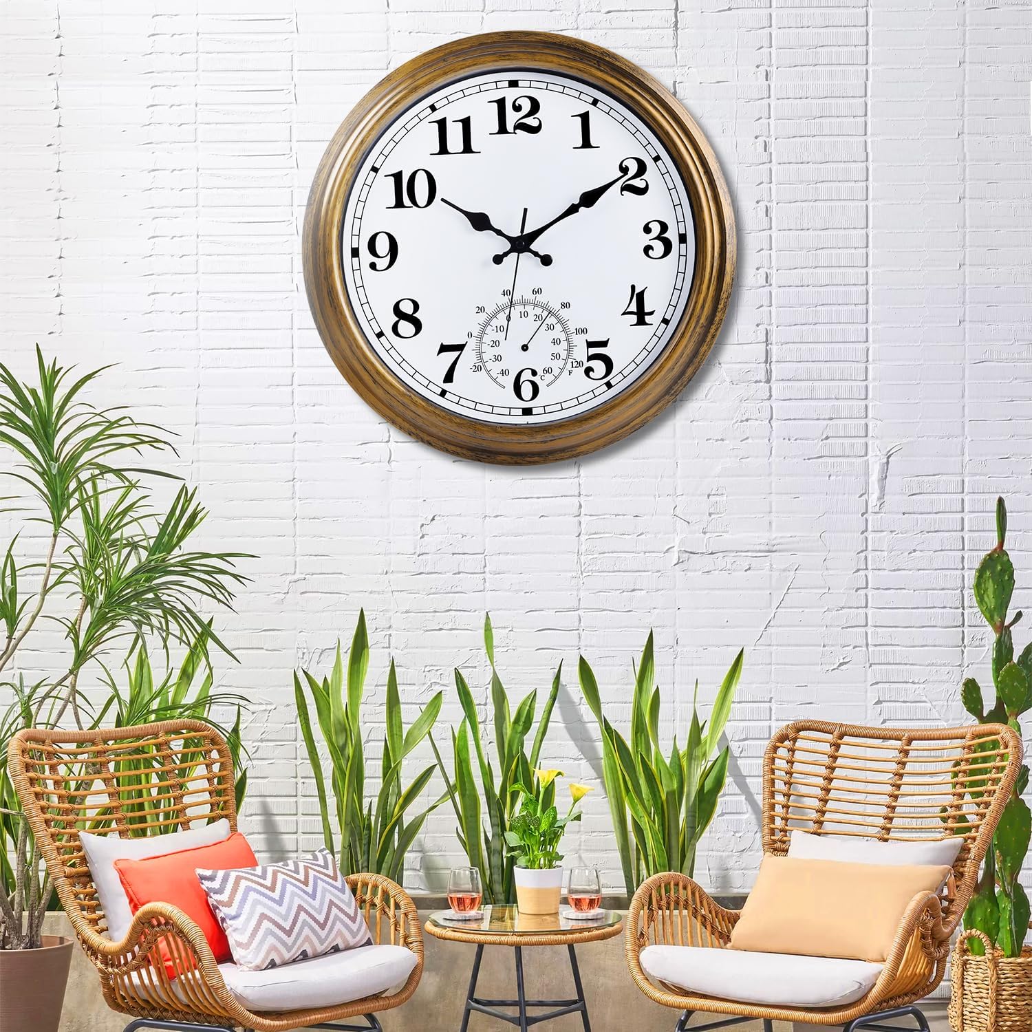 Reloj grande de 16 pulgadas para exteriores, reloj retro impermeable para interiores y exteriores, reloj sin tictac con termómetro, reloj de pared a