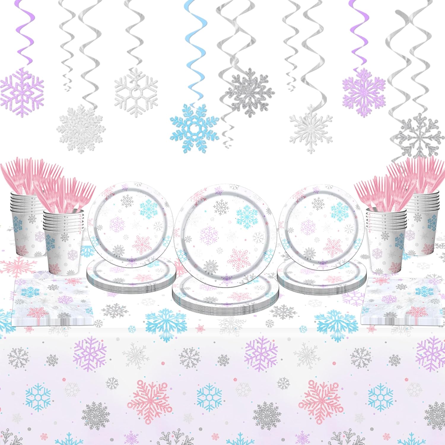 142 piezas de vajilla de copo de nieve de Navidad decoración de fiesta de invierno copo de nieve púrpura colorido tema del país de las maravillas