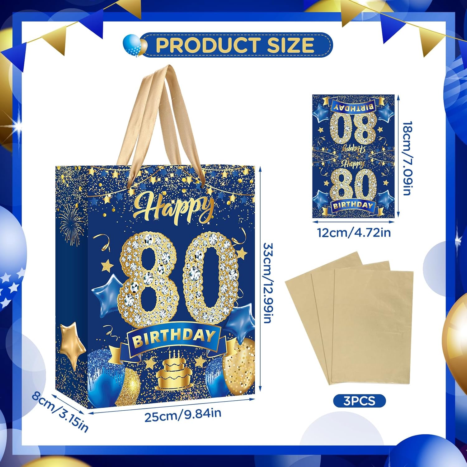 Bolsa de regalo azul para cumpleaños de 80 años, grande, azul marino y dorado, bolsa de regalo de feliz cumpleaños con tarjeta y 3 piezas de papel